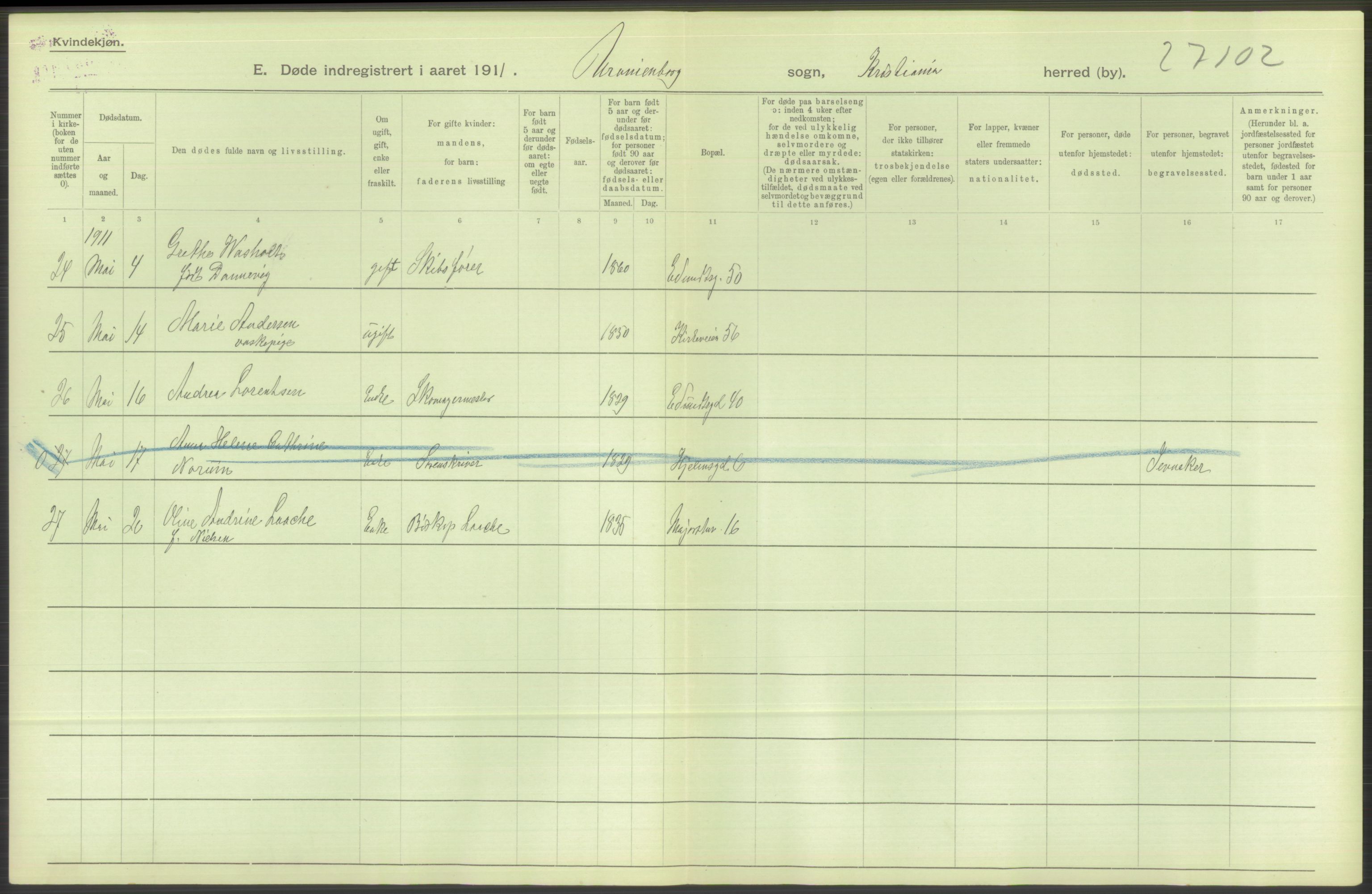 Statistisk sentralbyrå, Sosiodemografiske emner, Befolkning, RA/S-2228/D/Df/Dfb/Dfba/L0010: Kristiania: Døde kvinner samt dødfødte., 1911, p. 598