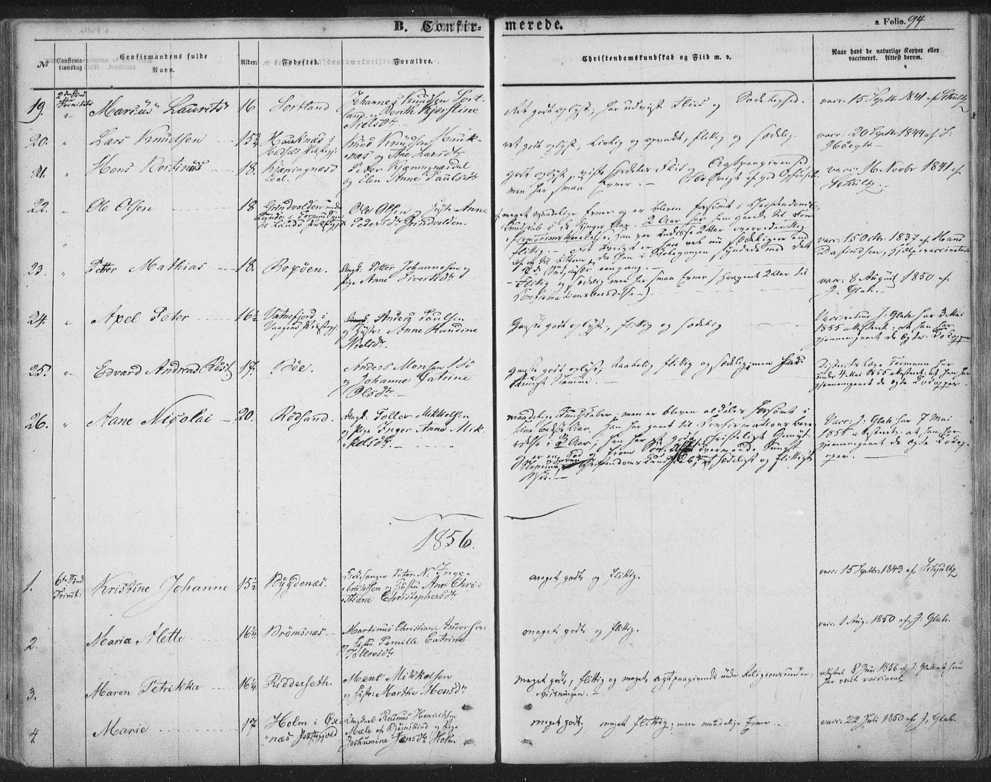 Ministerialprotokoller, klokkerbøker og fødselsregistre - Nordland, AV/SAT-A-1459/895/L1369: Parish register (official) no. 895A04, 1852-1872, p. 94