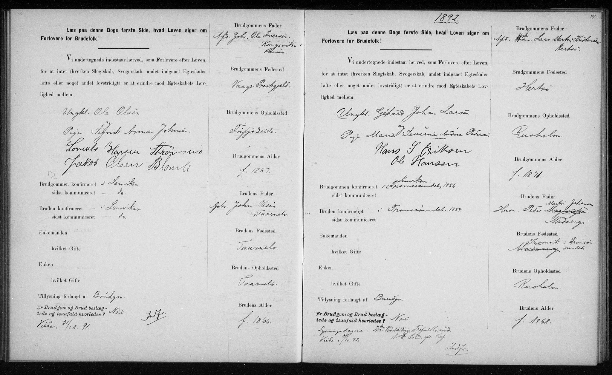 Lenvik sokneprestembete, SATØ/S-1310/I/Ie/L0129: Banns register no. 129, 1890-1895, p. 41