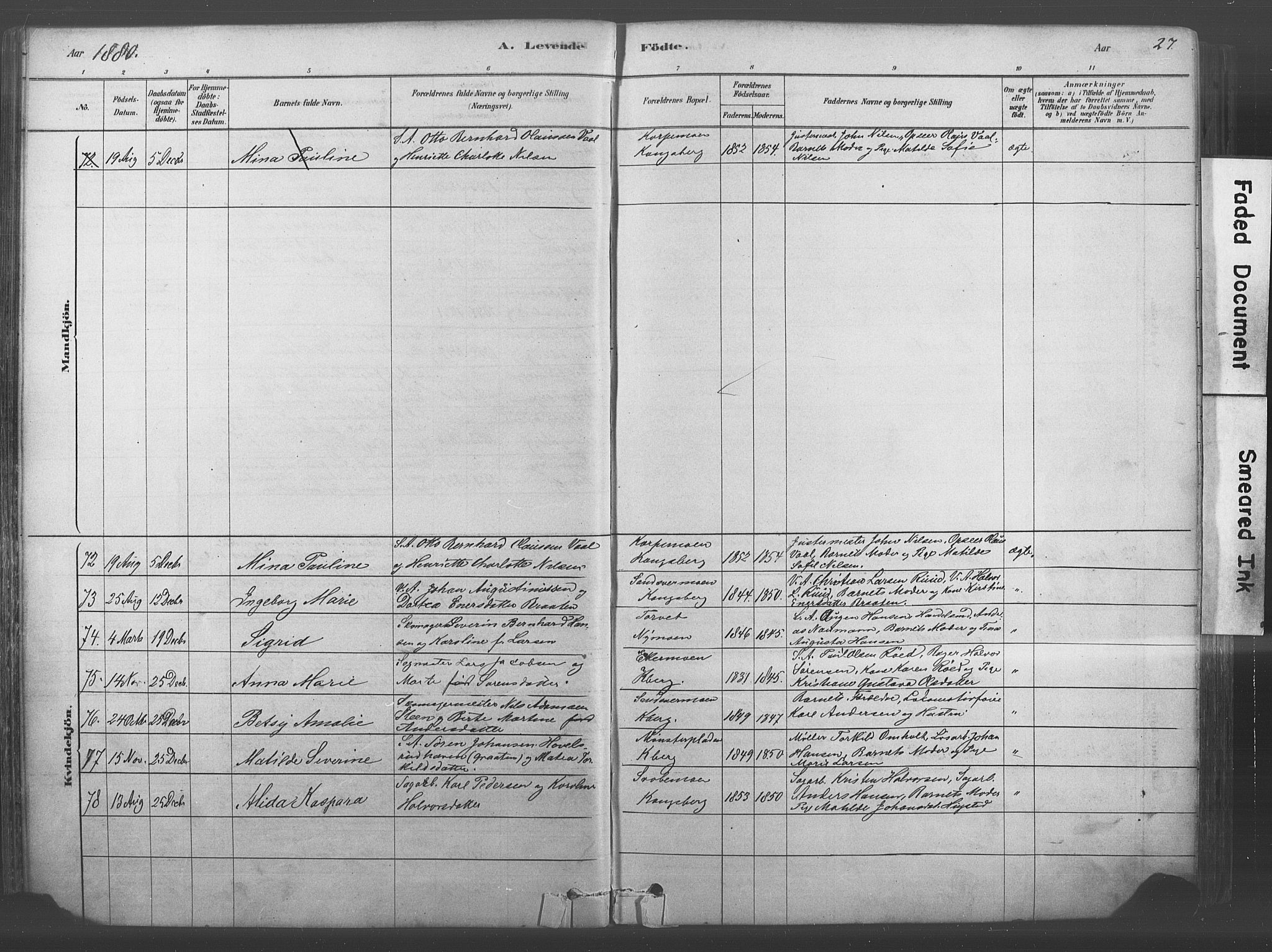 Kongsberg kirkebøker, SAKO/A-22/F/Fb/L0001: Parish register (official) no. II 1, 1878-1886, p. 27