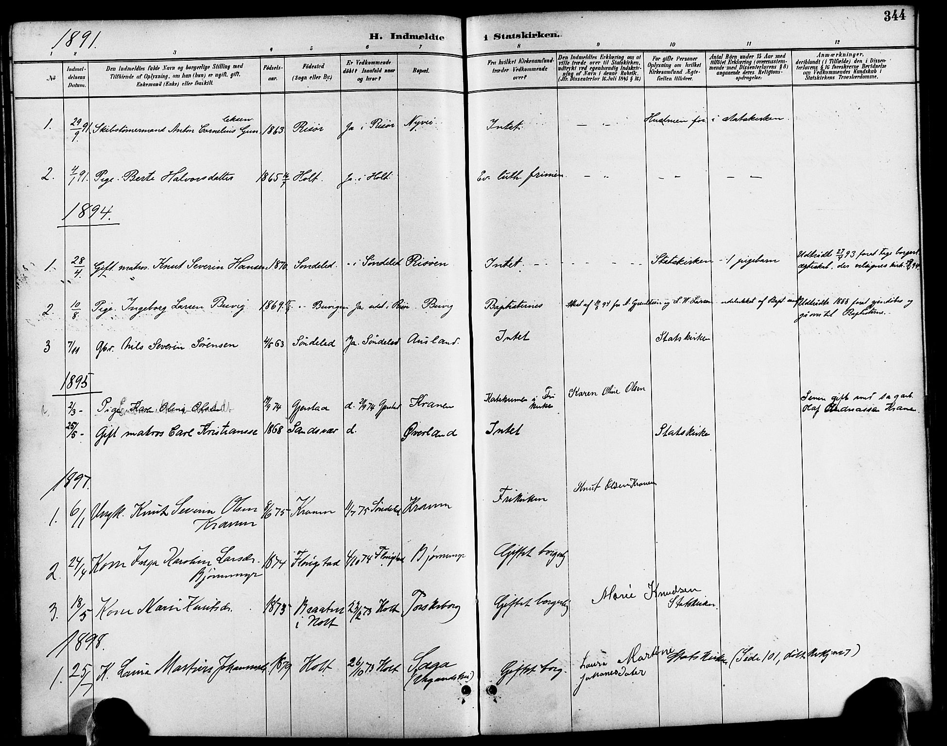 Søndeled sokneprestkontor, SAK/1111-0038/F/Fa/L0005: Parish register (official) no. A 5, 1889-1899, p. 344