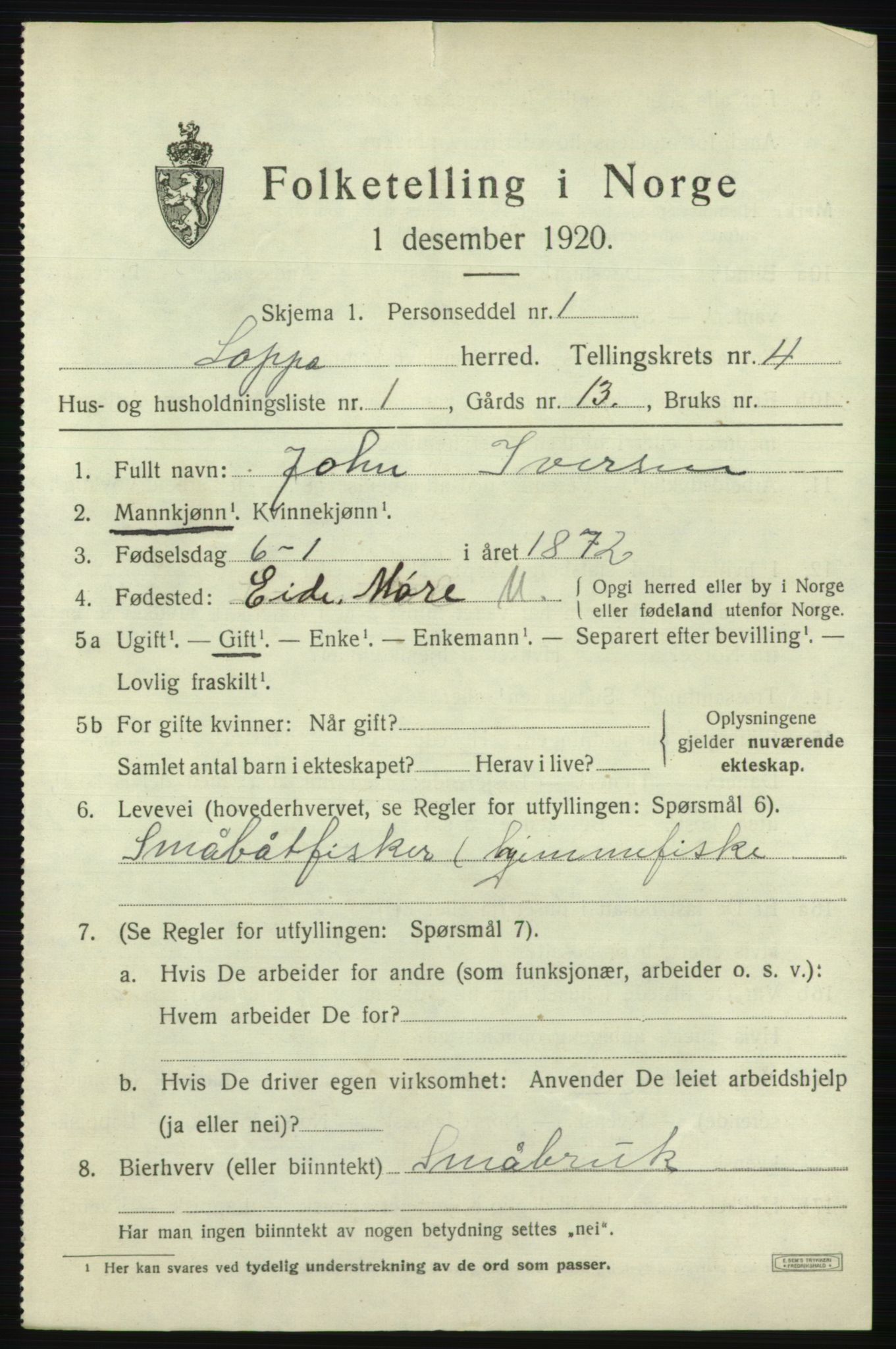 SATØ, 1920 census for Loppa, 1920, p. 1308