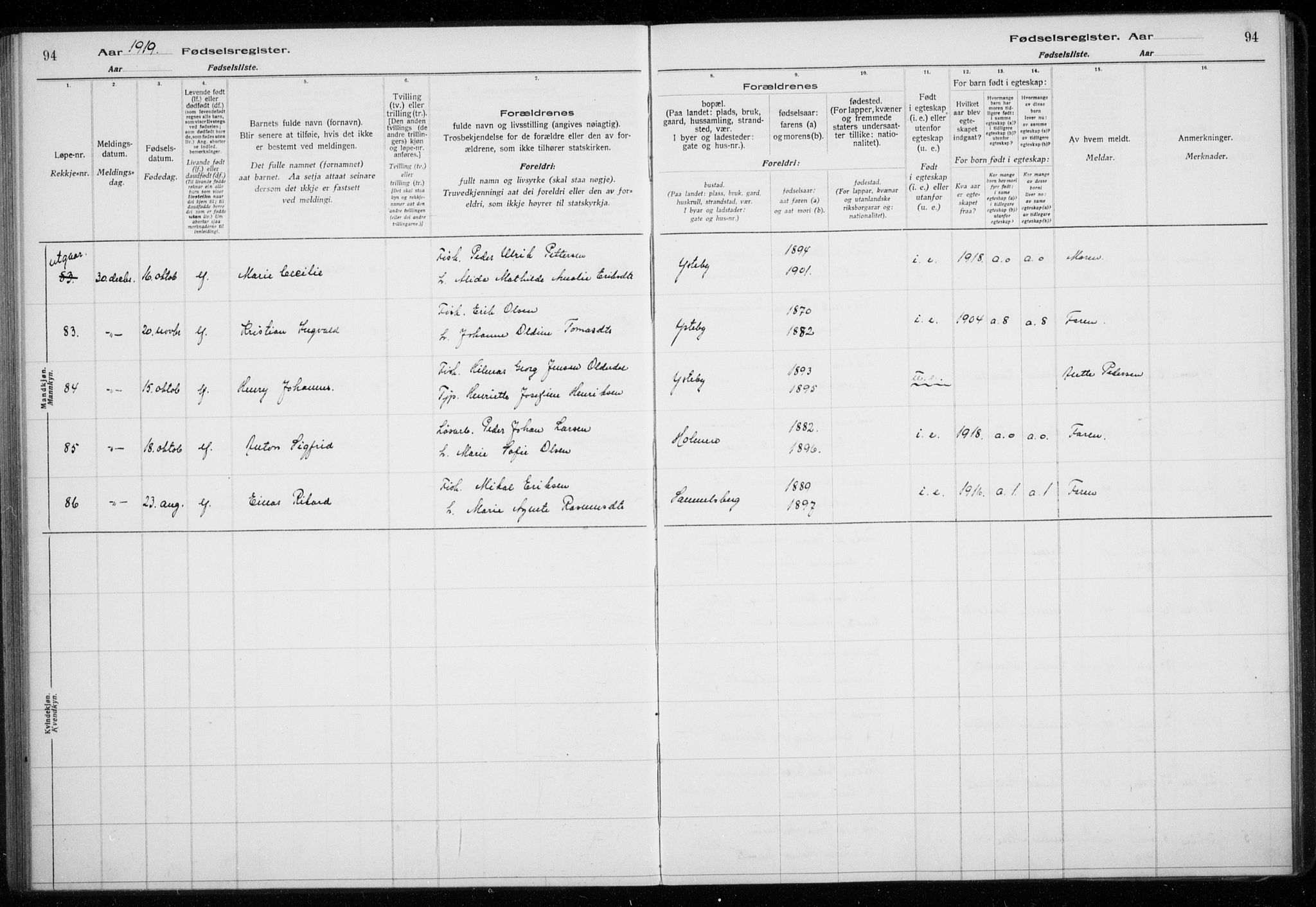 Lyngen sokneprestembete, AV/SATØ-S-1289/I/Ia/L0075: Birth register no. 75, 1916-1924, p. 94