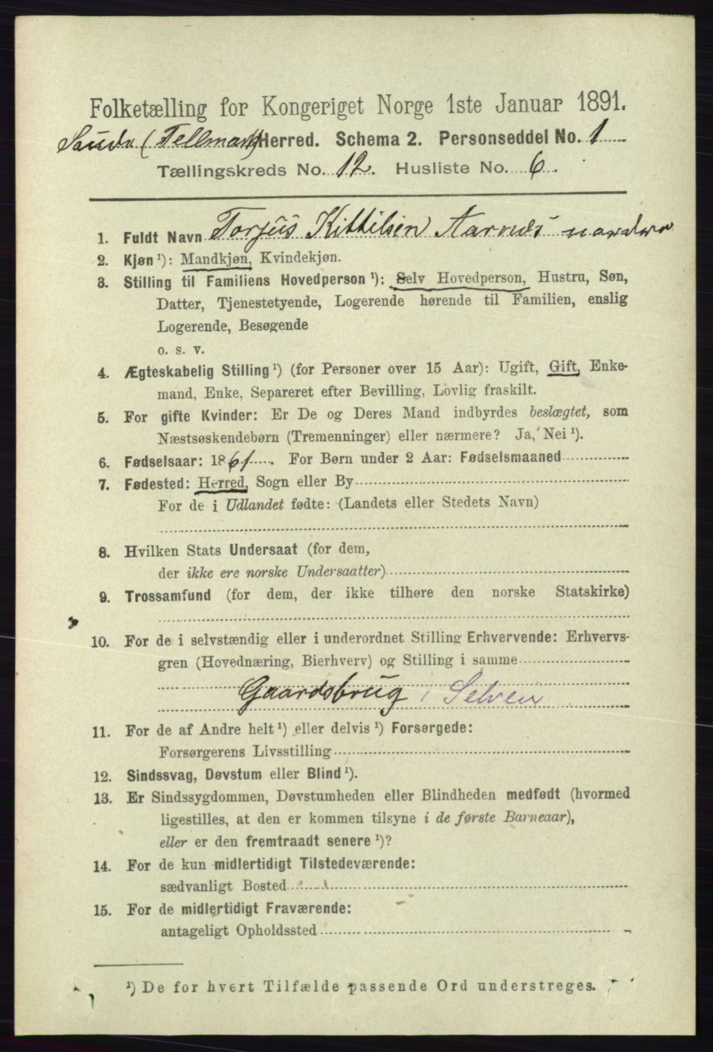 RA, 1891 census for 0822 Sauherad, 1891, p. 3652