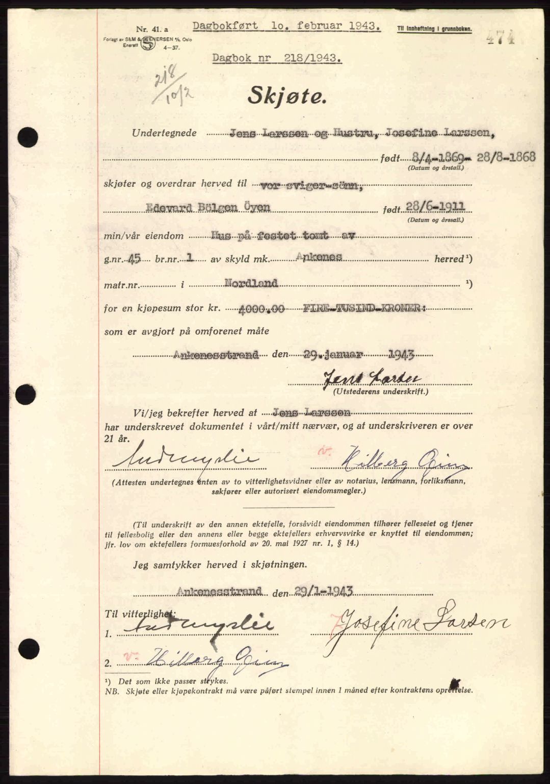 Steigen og Ofoten sorenskriveri, AV/SAT-A-0030/1/2/2C: Mortgage book no. A9-12, 1942-1946, Diary no: : 218/1943