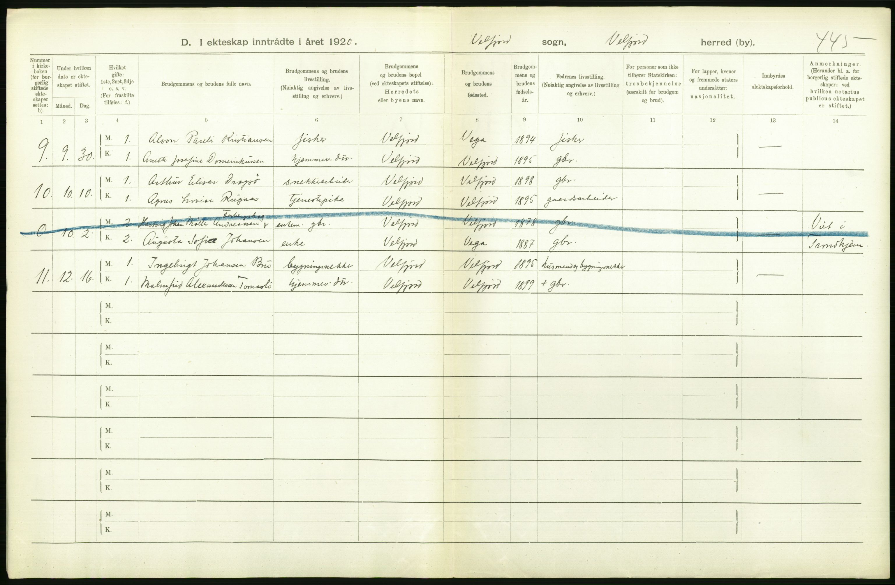 Statistisk sentralbyrå, Sosiodemografiske emner, Befolkning, RA/S-2228/D/Df/Dfb/Dfbj/L0057: Nordland fylke: Gifte, dødfødte. Bygder og byer., 1920, p. 60