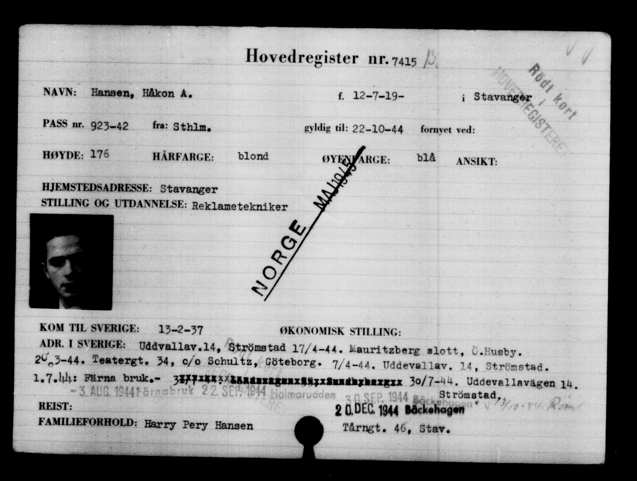 Utenriksstasjonene, Legasjonen i Stockholm, Flyktningkontoret, AV/RA-S-6753/V/Va/L0005: Kjesäterkartoteket, flyktninger med registreringsnr. 6600-9417, 1940-1945, p. 956