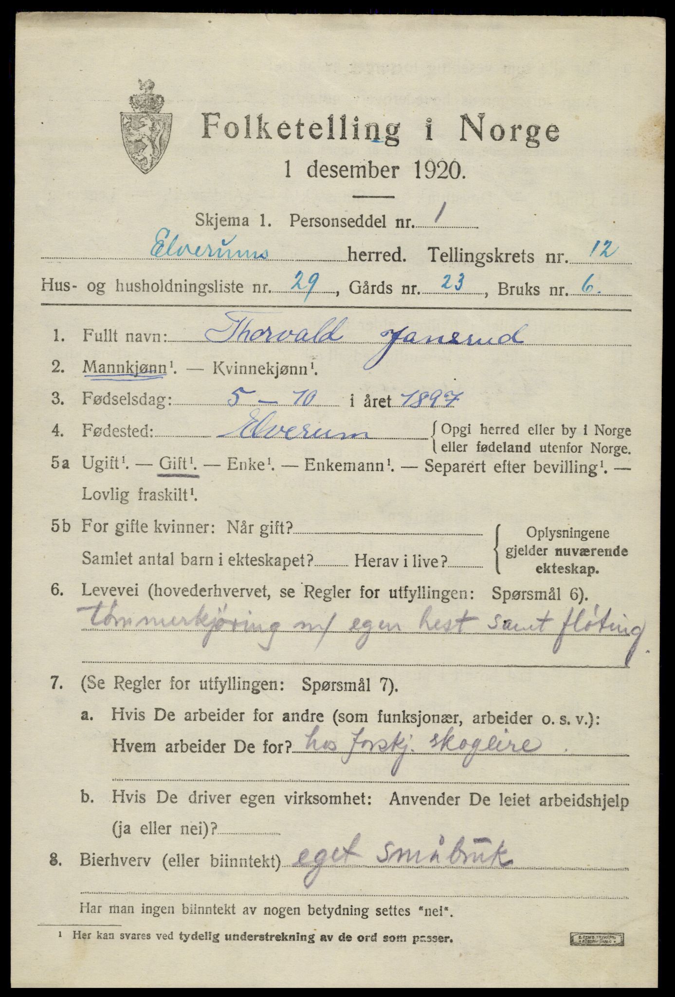 SAH, 1920 census for Elverum, 1920, p. 17252