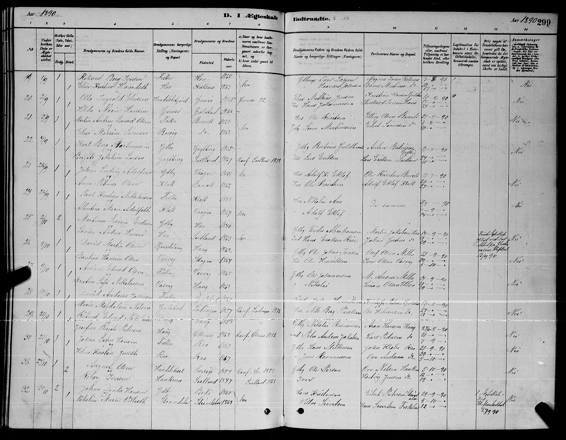 Ministerialprotokoller, klokkerbøker og fødselsregistre - Nordland, AV/SAT-A-1459/888/L1267: Parish register (copy) no. 888C05, 1878-1890, p. 299