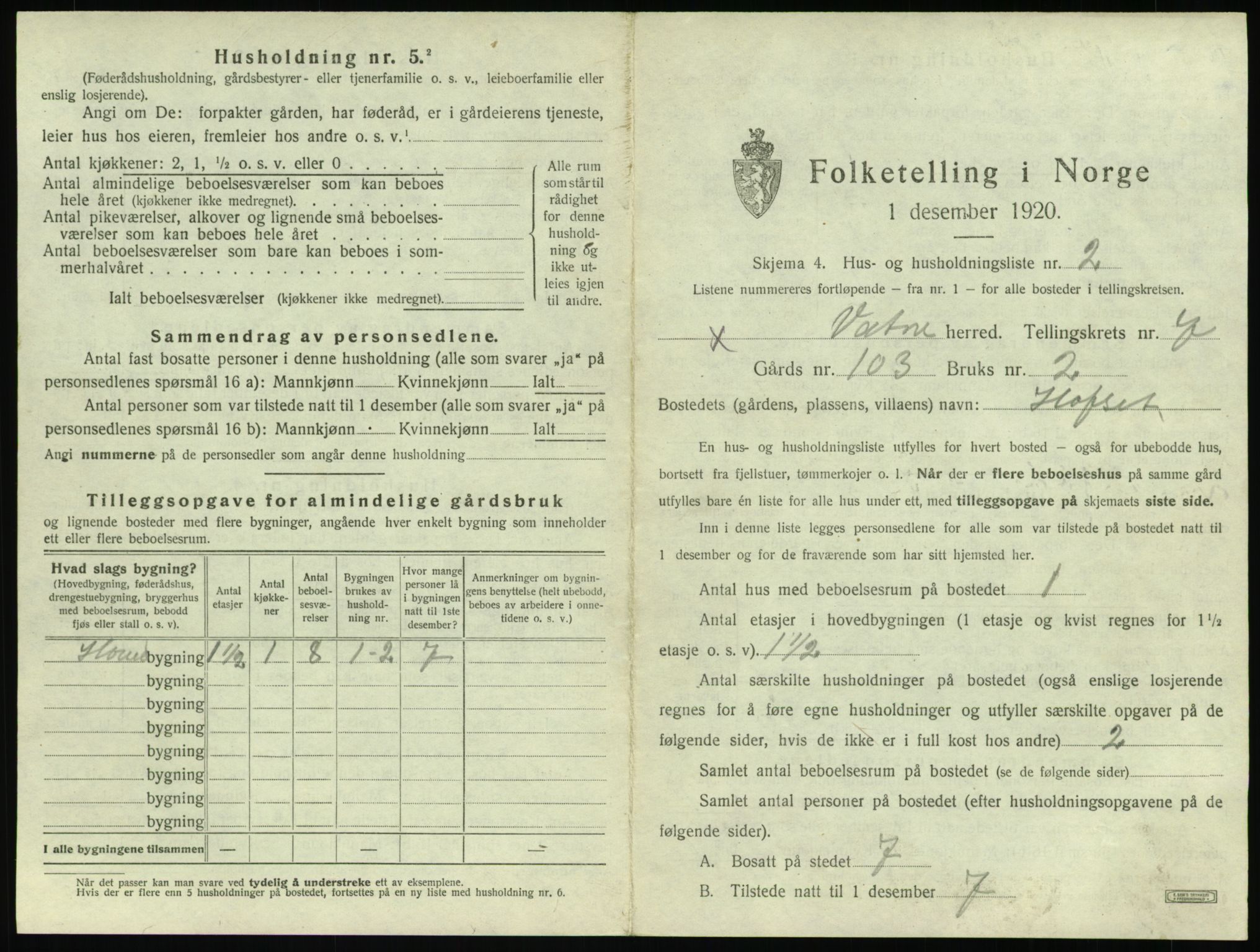 SAT, 1920 census for Vatne, 1920, p. 426