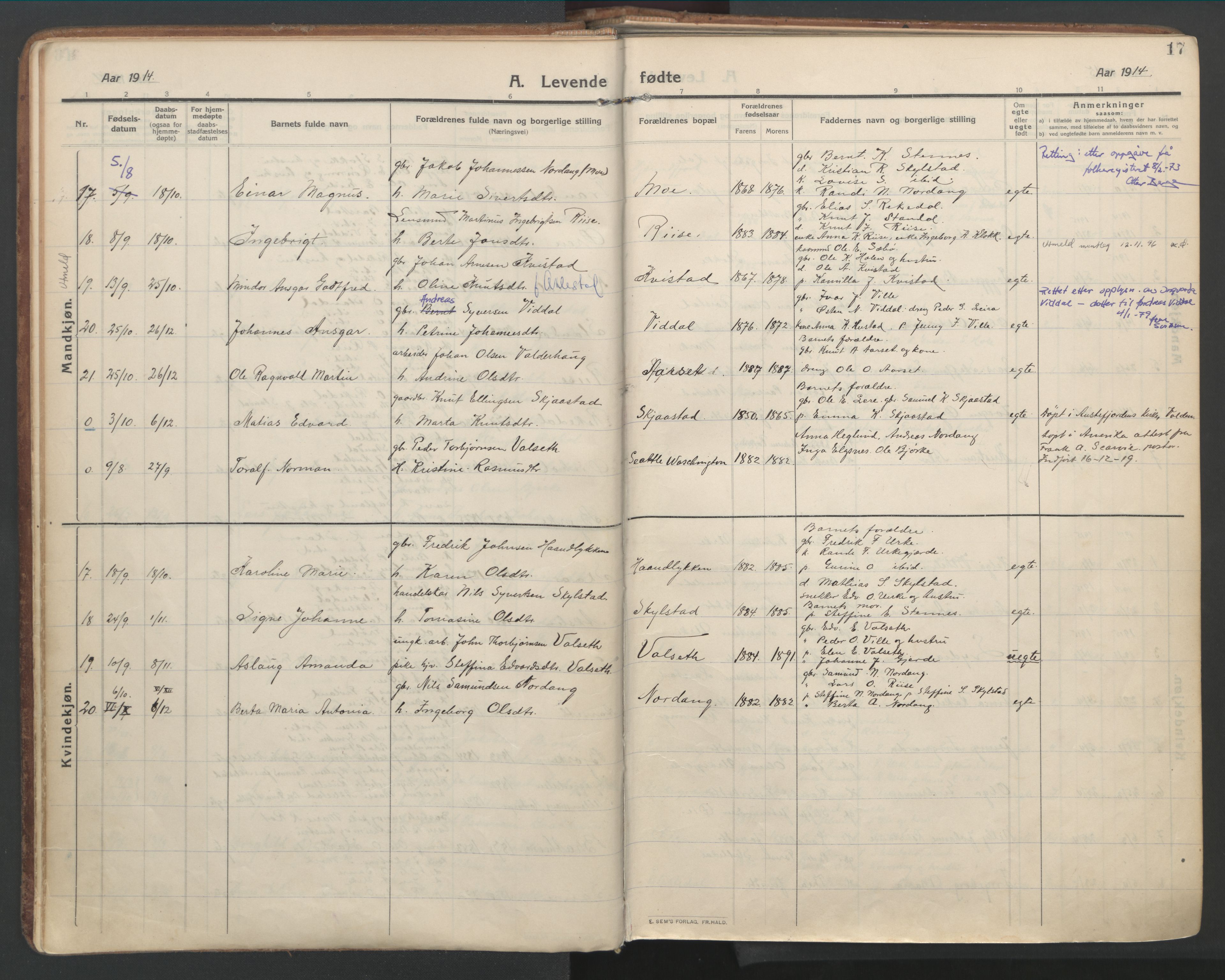 Ministerialprotokoller, klokkerbøker og fødselsregistre - Møre og Romsdal, AV/SAT-A-1454/515/L0212: Parish register (official) no. 515A08, 1911-1935, p. 17