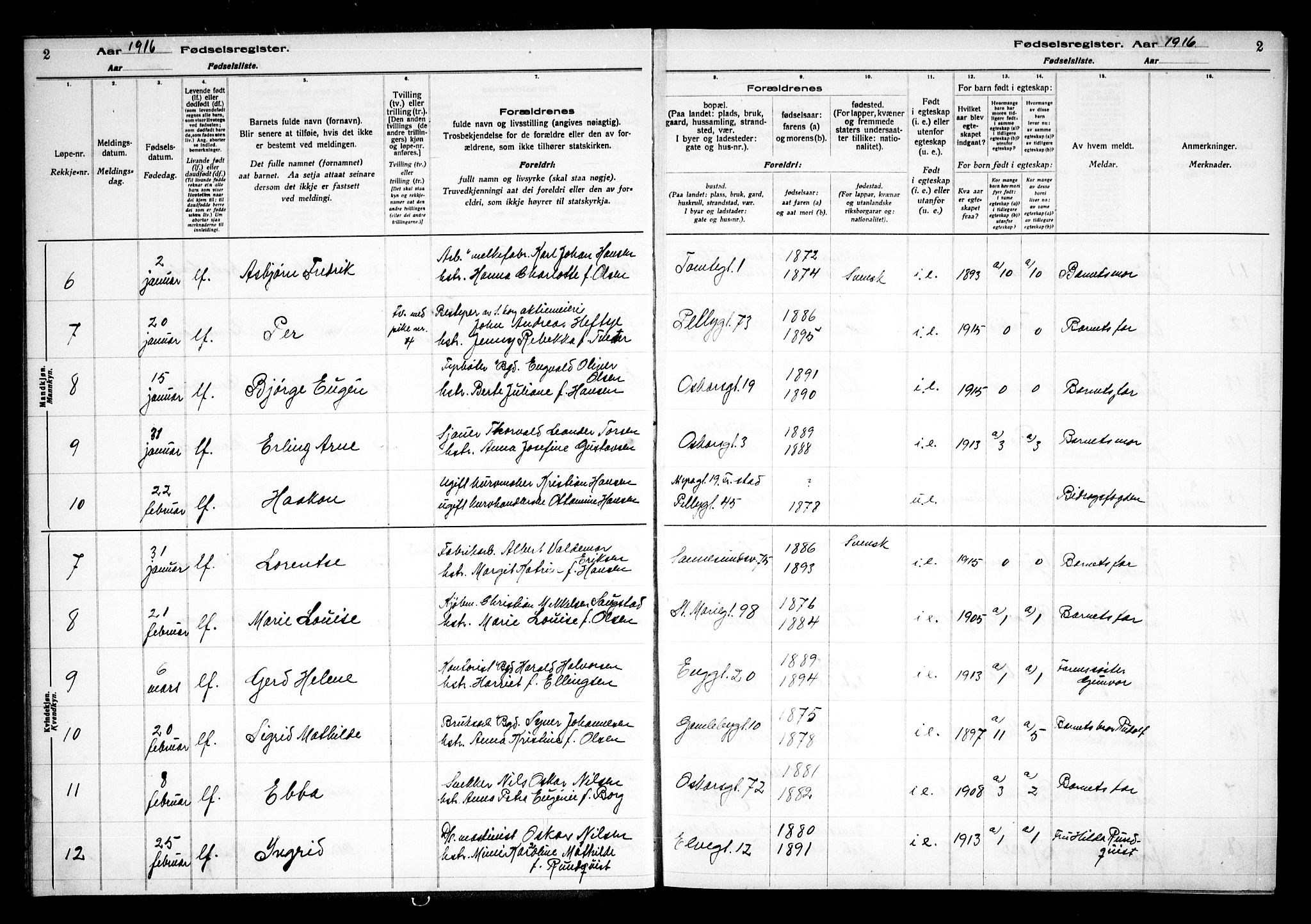 Sarpsborg prestekontor Kirkebøker, AV/SAO-A-2006/J/Ja/L0001: Birth register no. 1, 1916-1922, p. 2