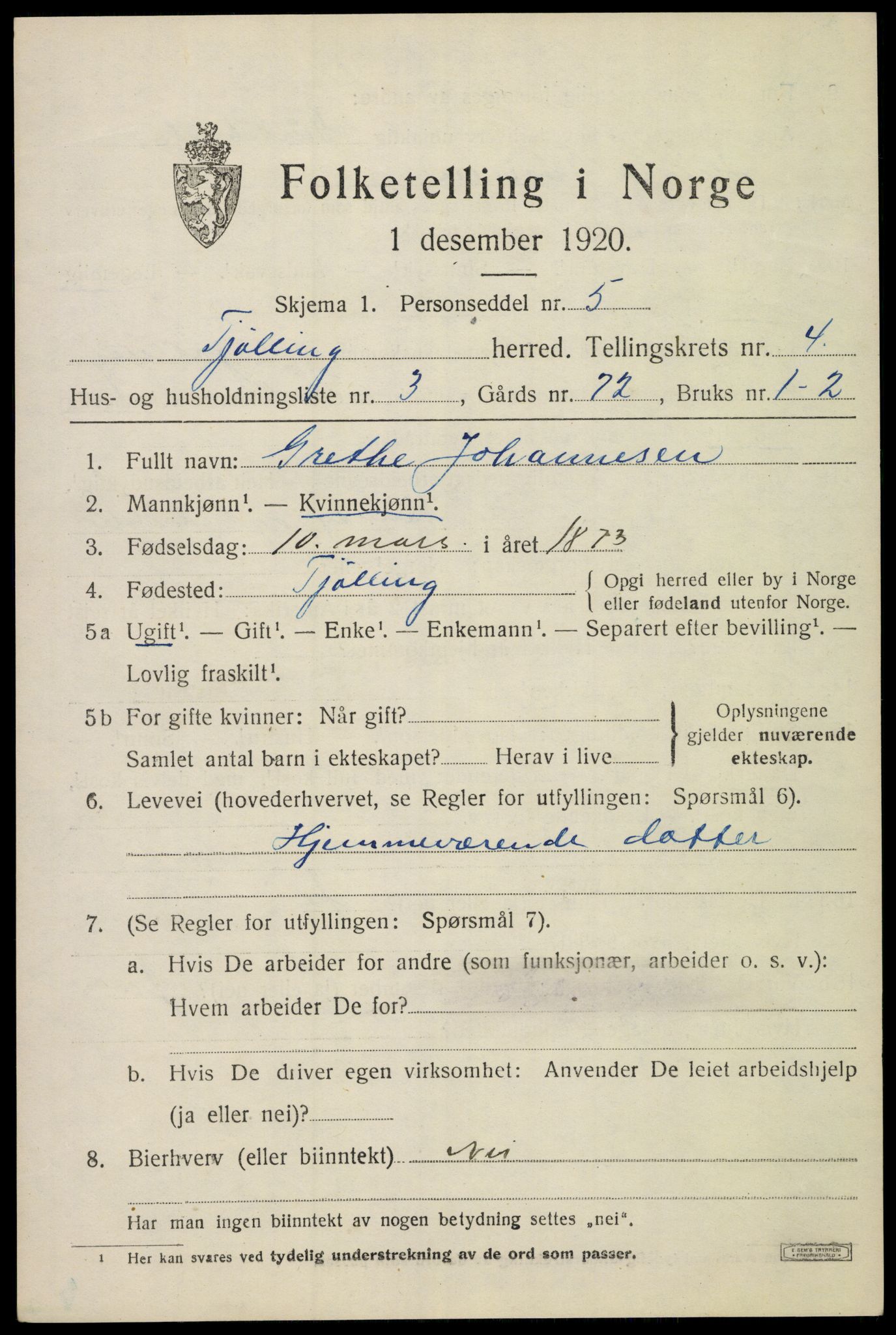 SAKO, 1920 census for Tjølling, 1920, p. 7527