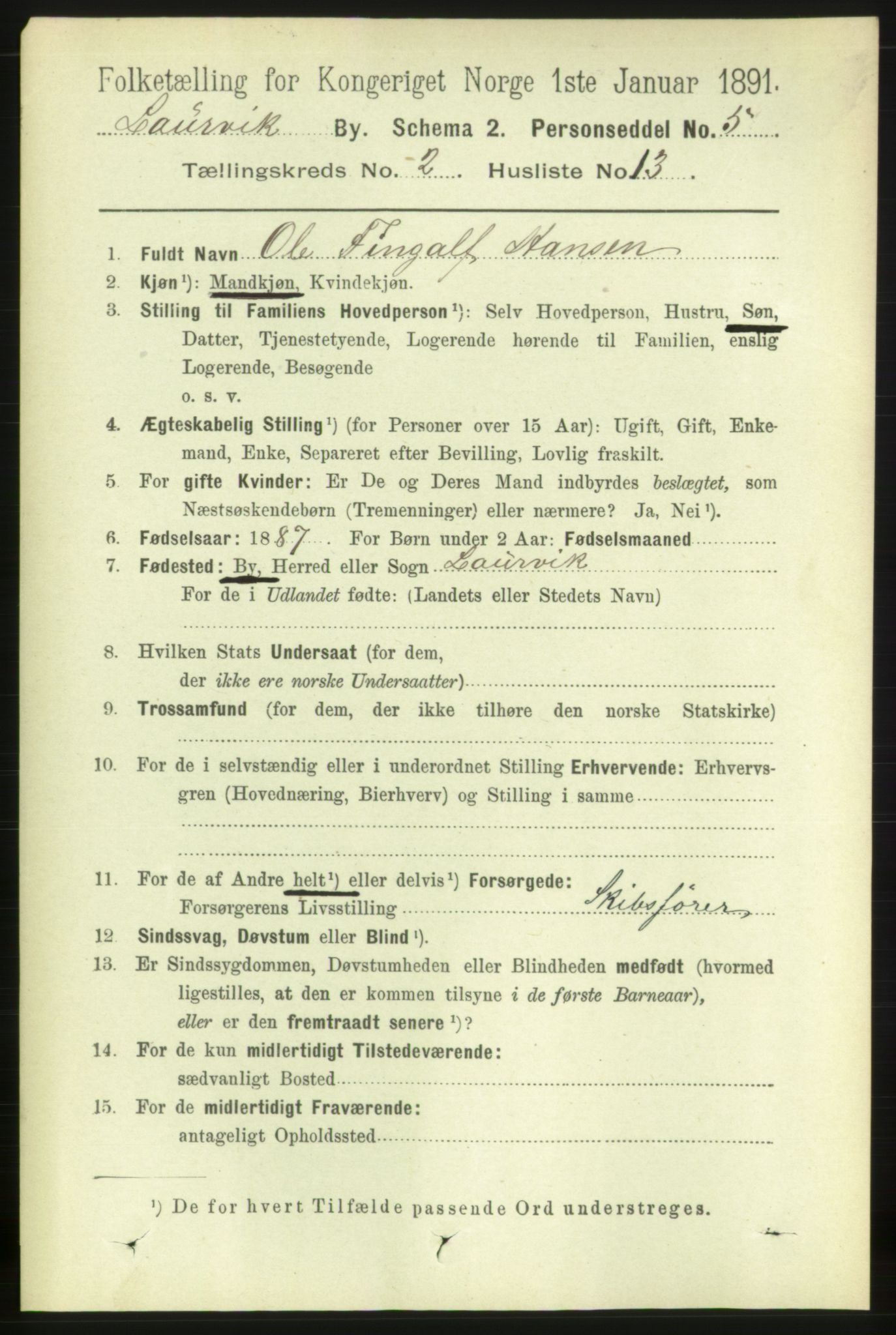 RA, 1891 census for 0707 Larvik, 1891, p. 3446