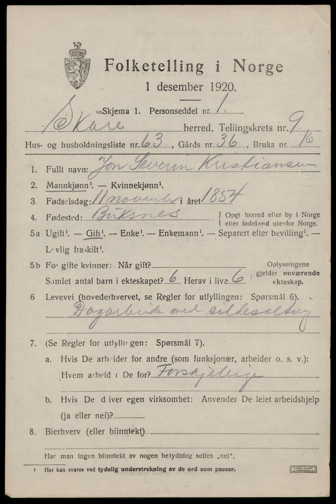 SAST, 1920 census for Skåre, 1920, p. 7856