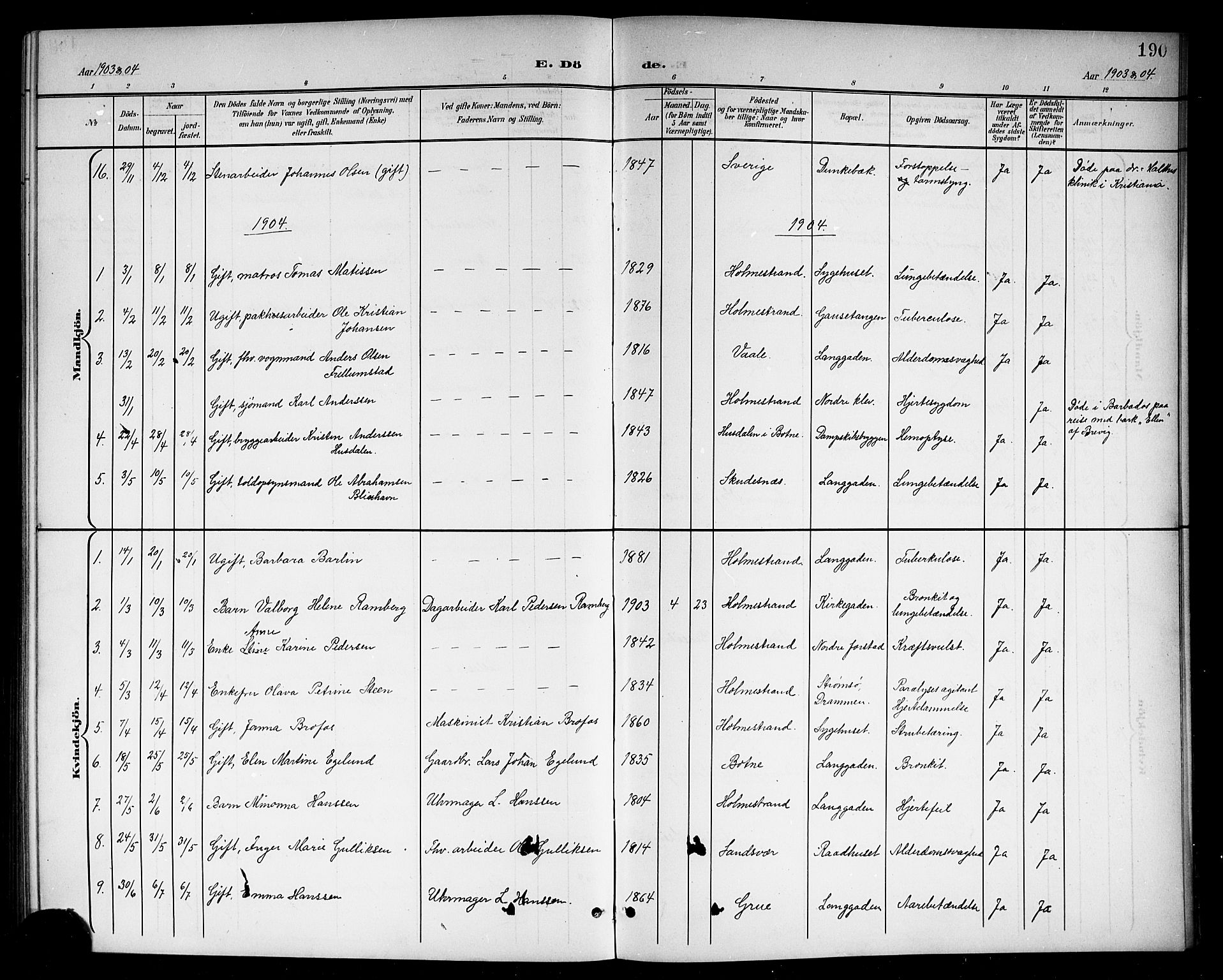 Holmestrand kirkebøker, AV/SAKO-A-346/G/Ga/L0006: Parish register (copy) no. 6, 1901-1923, p. 190