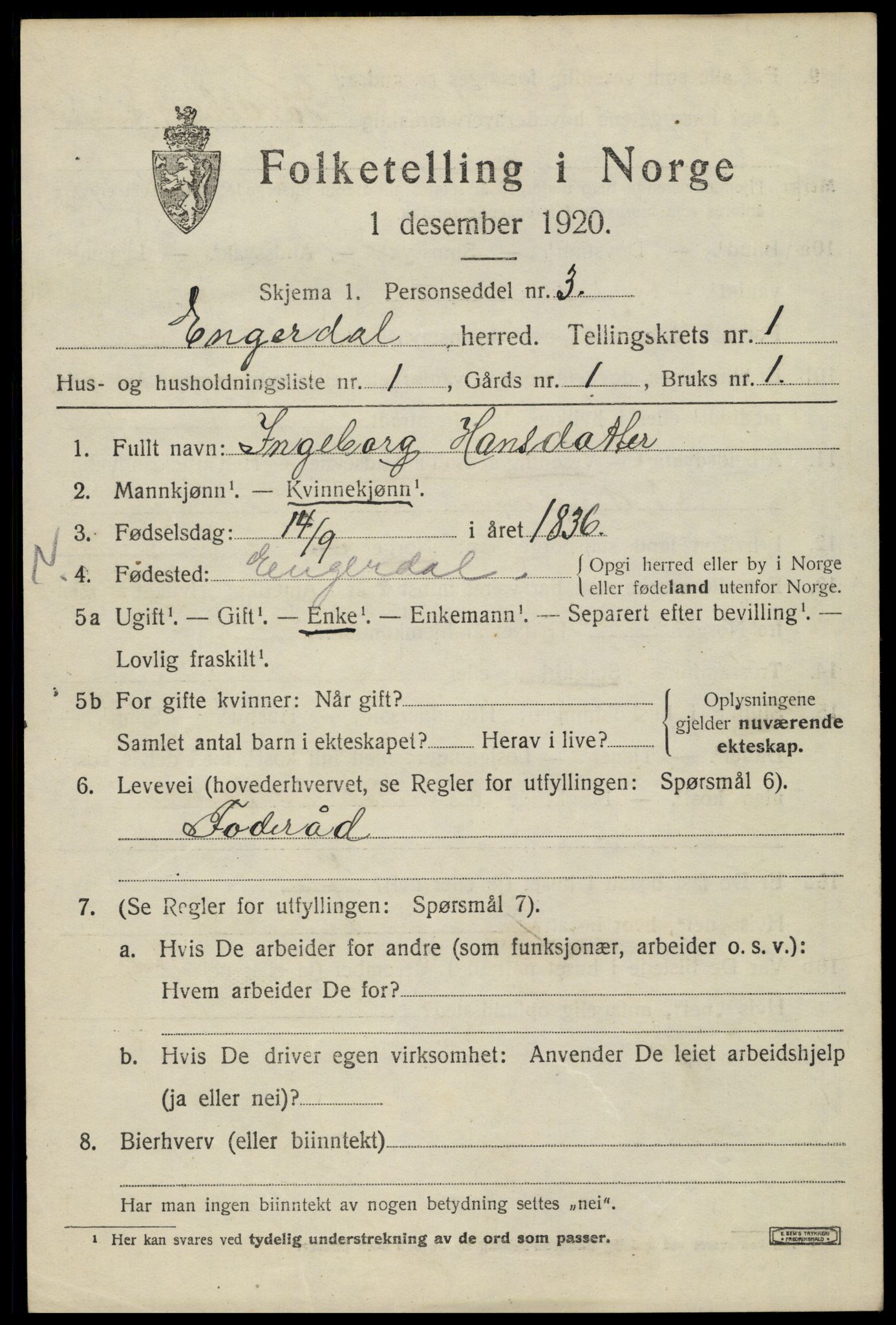 SAH, 1920 census for Engerdal, 1920, p. 485