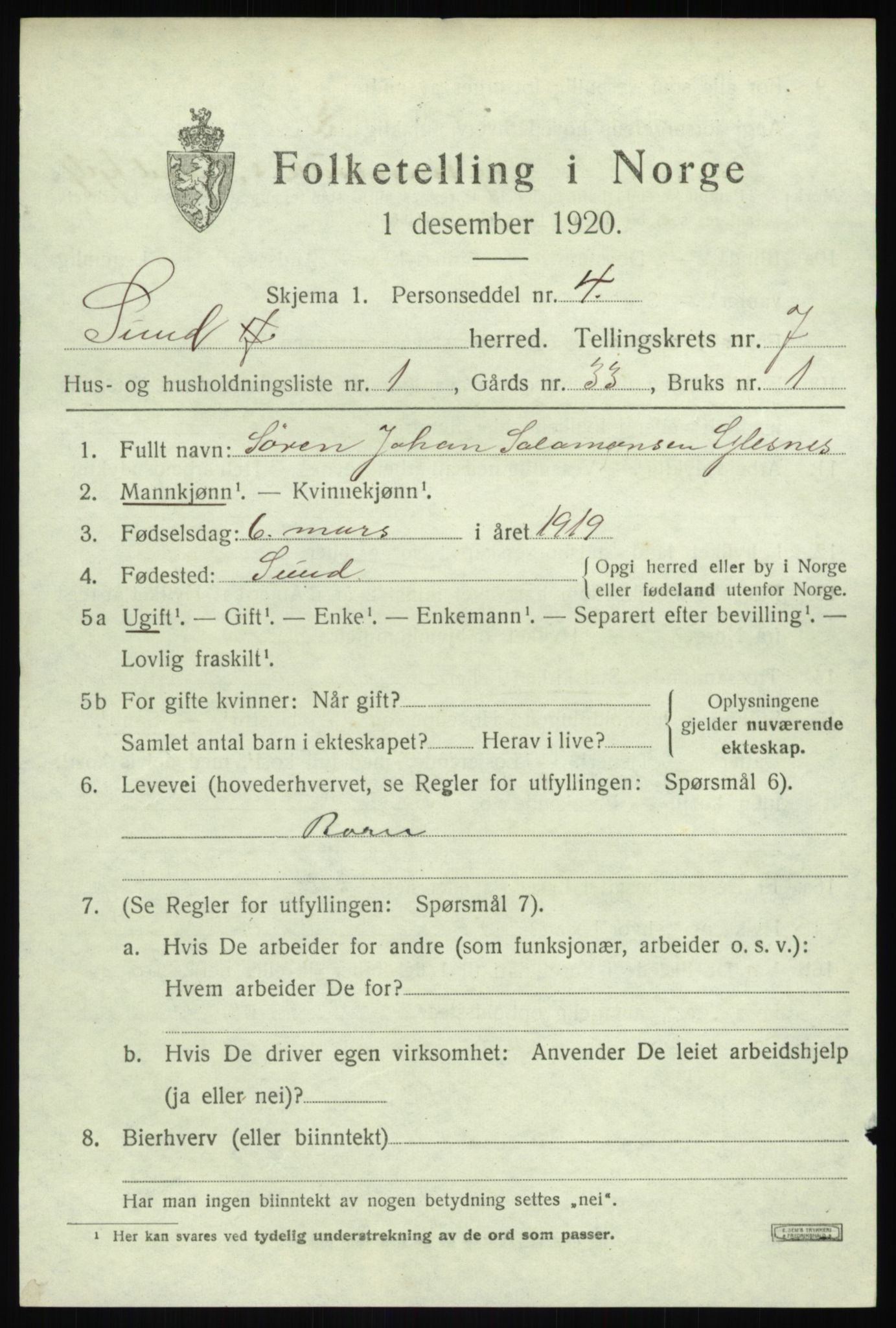 SAB, 1920 census for Sund, 1920, p. 4419