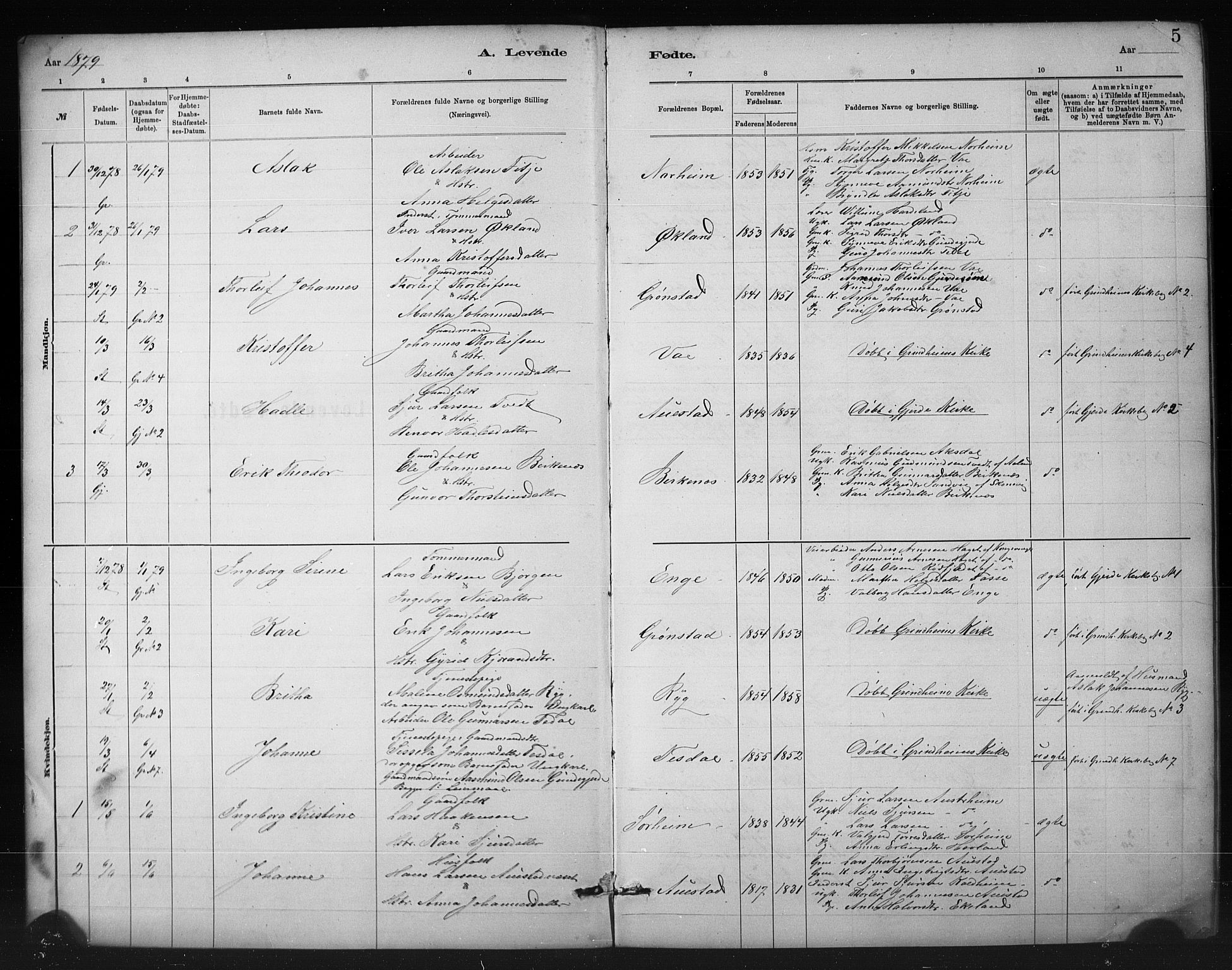 Etne sokneprestembete, SAB/A-75001/H/Hab: Parish register (copy) no. A 5, 1879-1896, p. 5