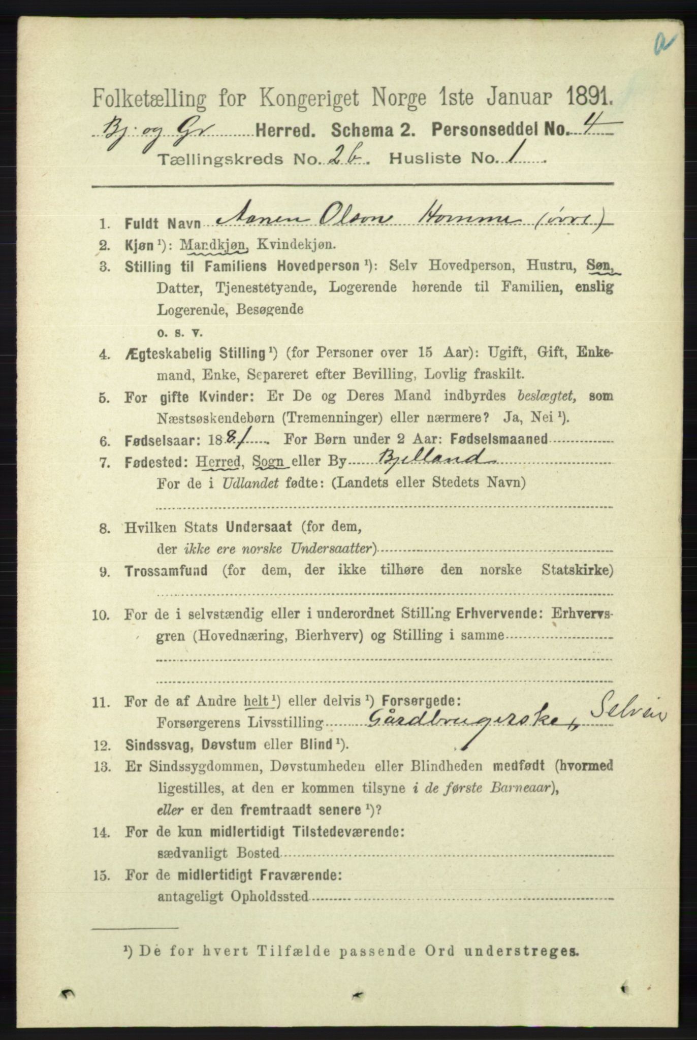 RA, 1891 census for 1024 Bjelland og Grindheim, 1891, p. 1132