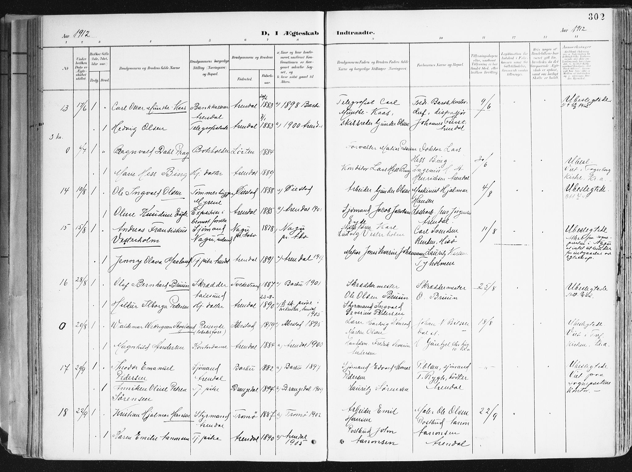 Arendal sokneprestkontor, Trefoldighet, AV/SAK-1111-0040/F/Fa/L0010: Parish register (official) no. A 10, 1900-1919, p. 302