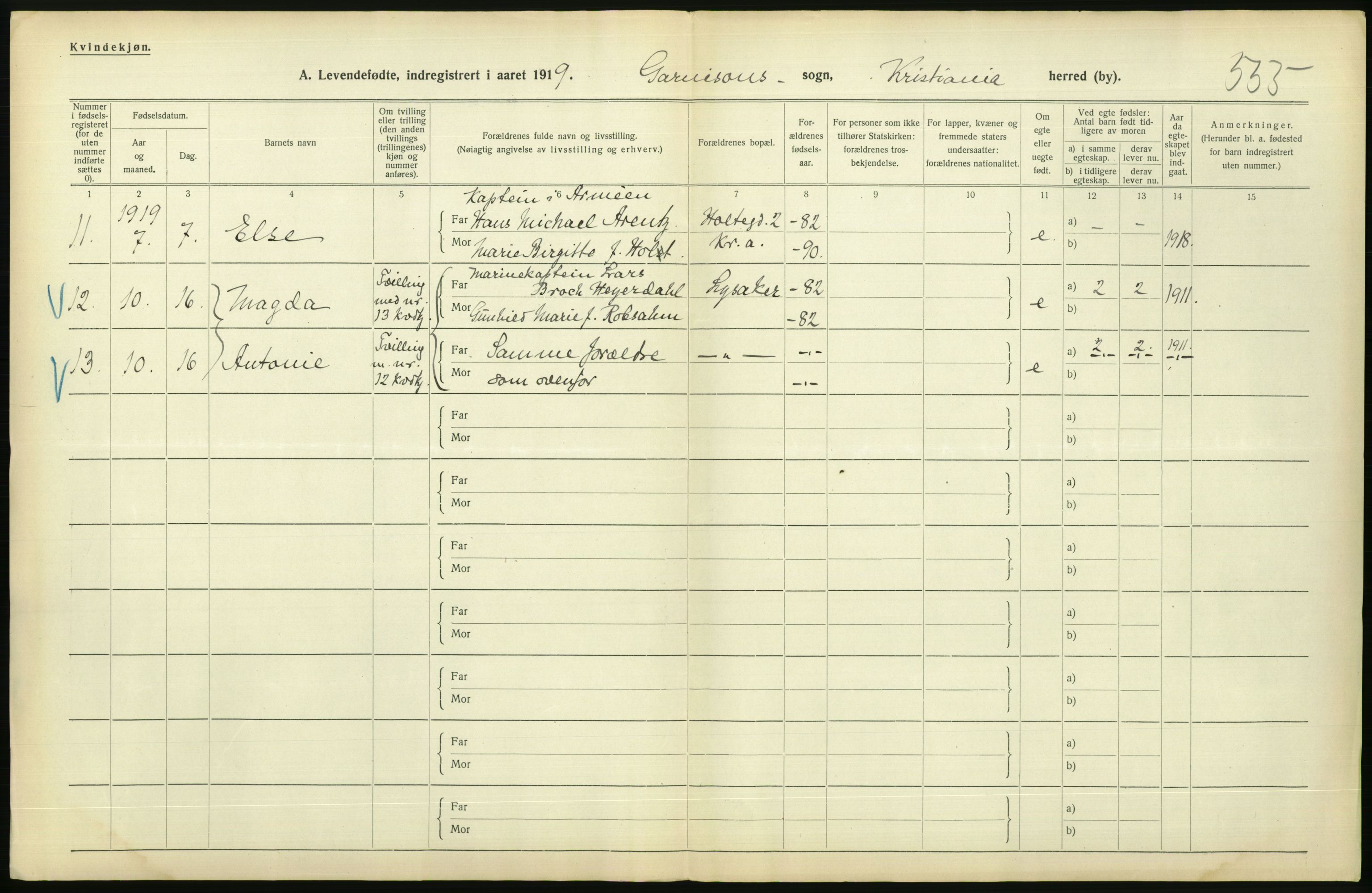Statistisk sentralbyrå, Sosiodemografiske emner, Befolkning, AV/RA-S-2228/D/Df/Dfb/Dfbi/L0008: Kristiania: Levendefødte menn og kvinner., 1919