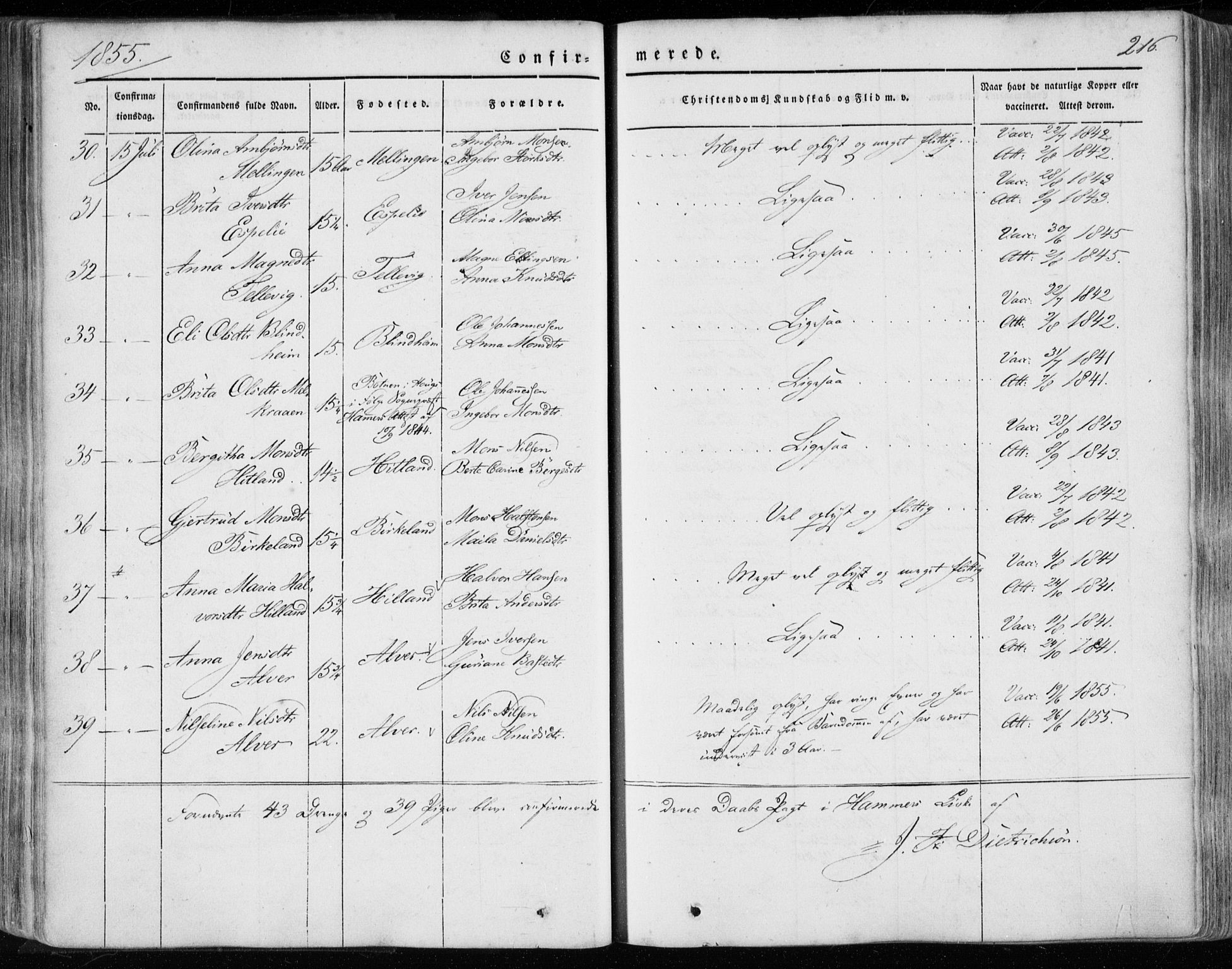 Hamre sokneprestembete, SAB/A-75501/H/Ha/Haa/Haaa/L0013: Parish register (official) no. A 13, 1846-1857, p. 216