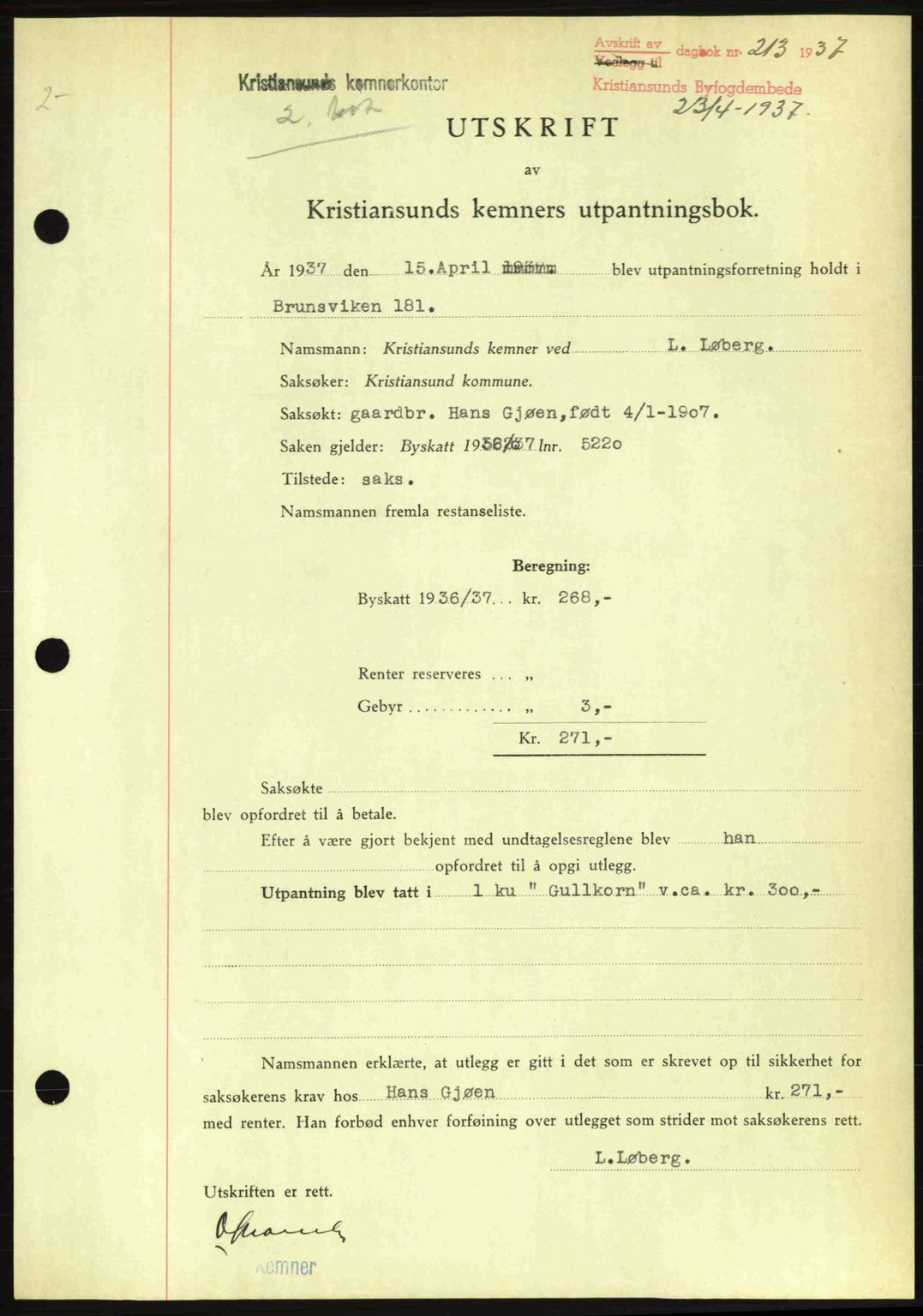 Kristiansund byfogd, AV/SAT-A-4587/A/27: Mortgage book no. 29, 1936-1937, Diary no: : 213/1937