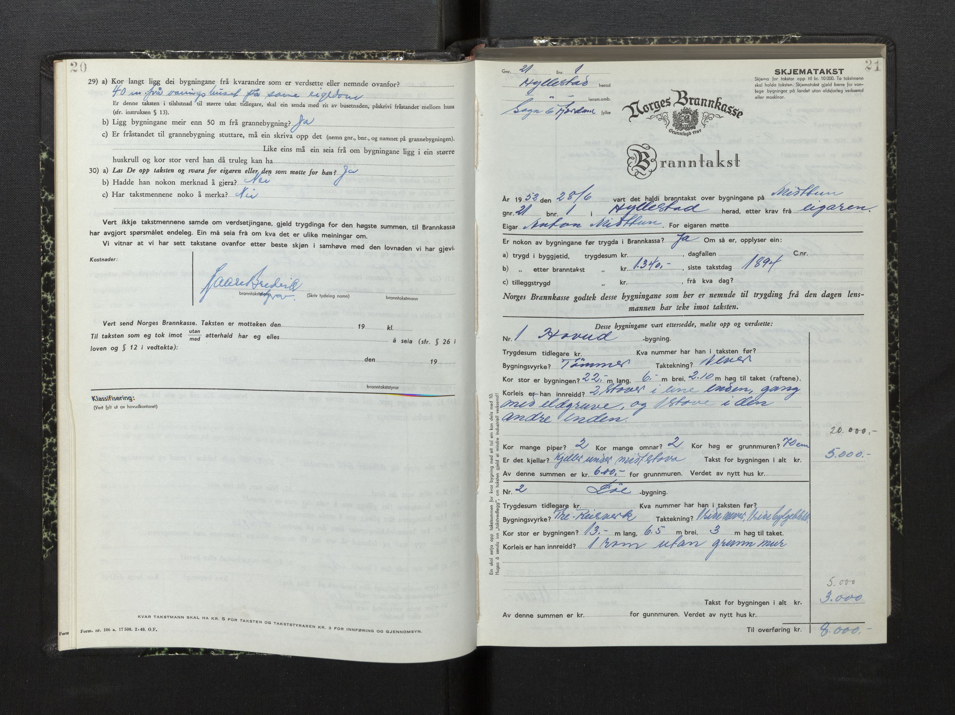 Lensmannen i Hyllestad, AV/SAB-A-28301/0012/L0005: Branntakstprotokoll, skjematakst, 1951-1955, p. 20-21