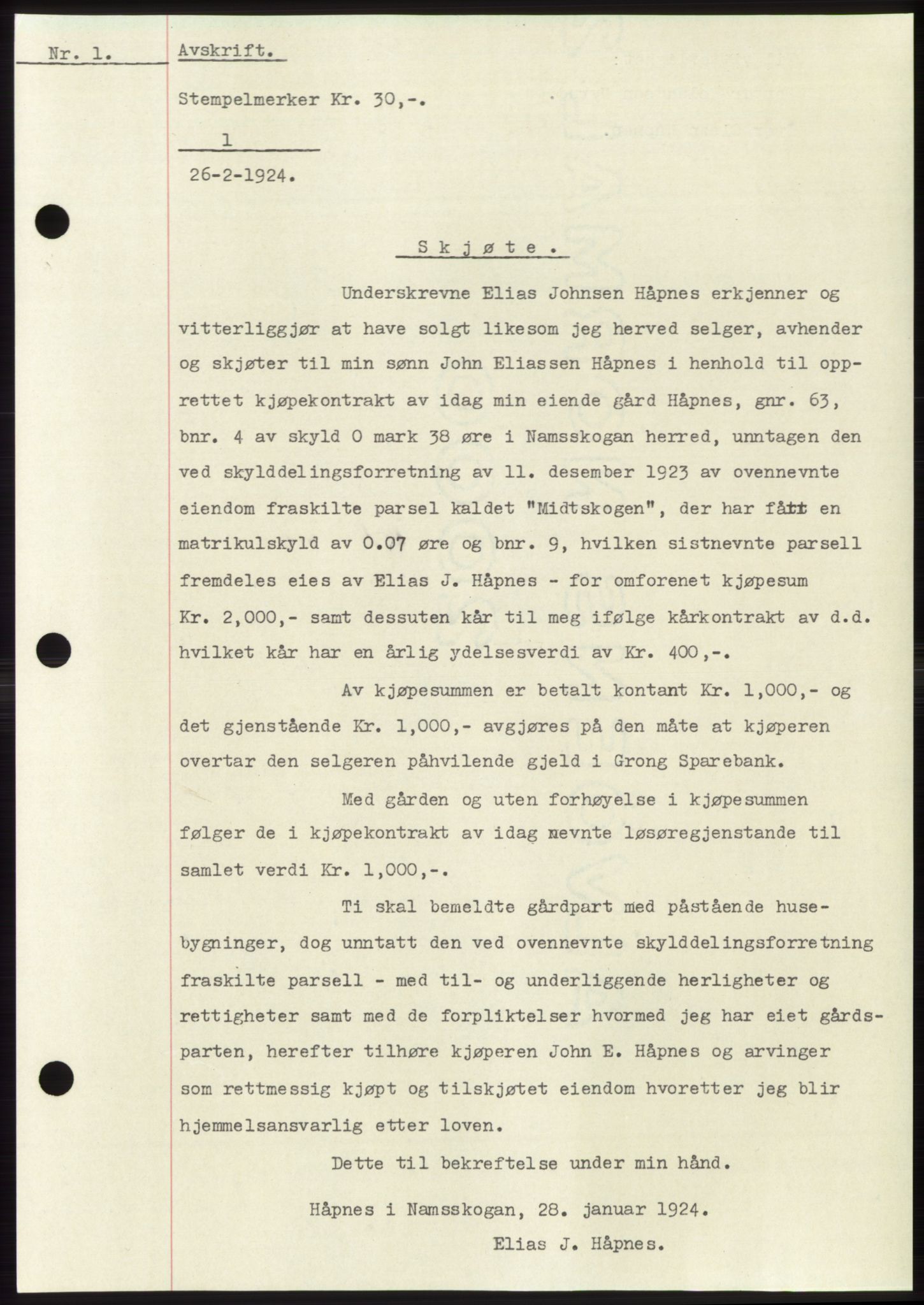 Namdal sorenskriveri, SAT/A-4133/1/2/2C: Mortgage book no. -, 1922-1925, Deed date: 26.02.1924