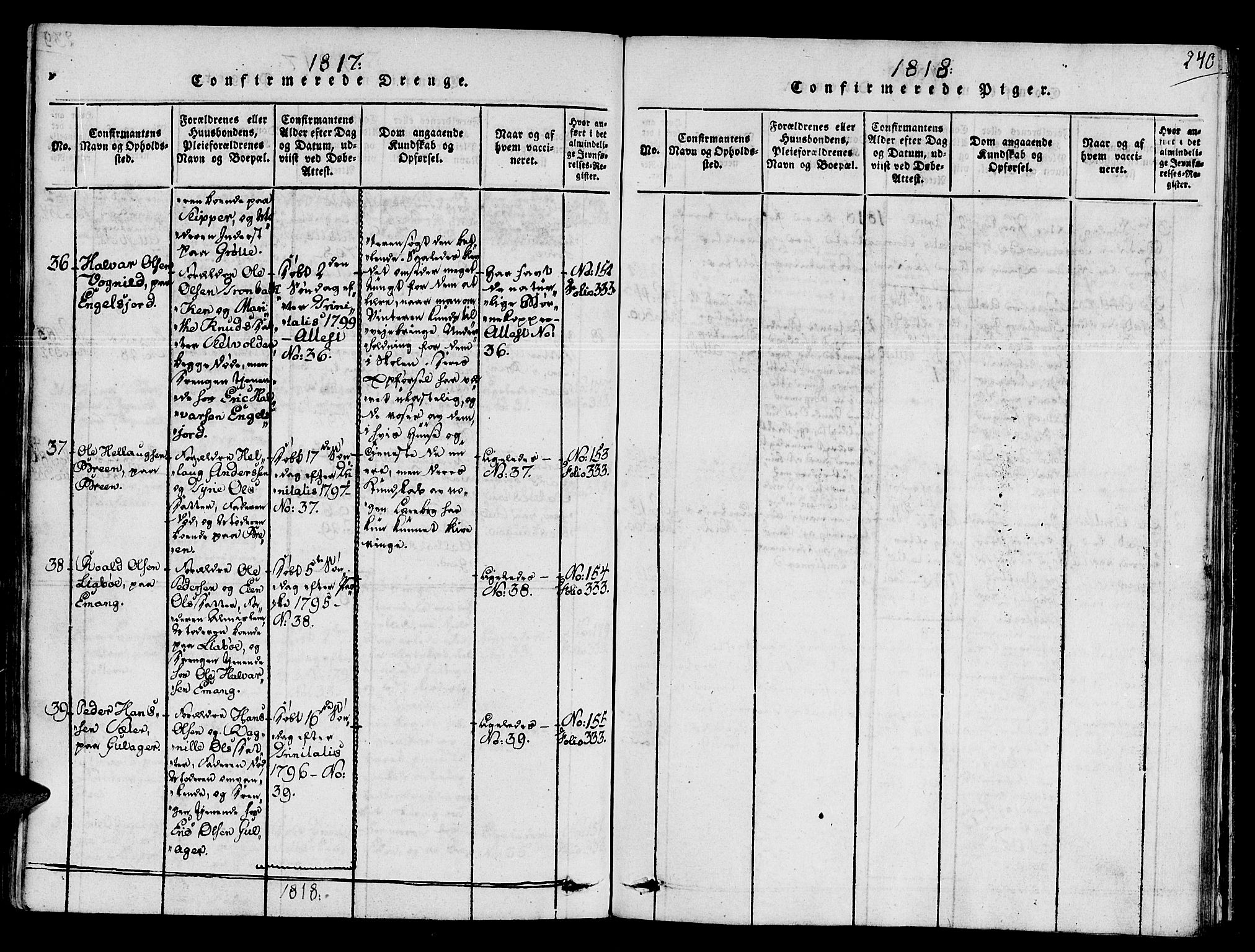 Ministerialprotokoller, klokkerbøker og fødselsregistre - Sør-Trøndelag, AV/SAT-A-1456/678/L0895: Parish register (official) no. 678A05 /1, 1816-1821, p. 240