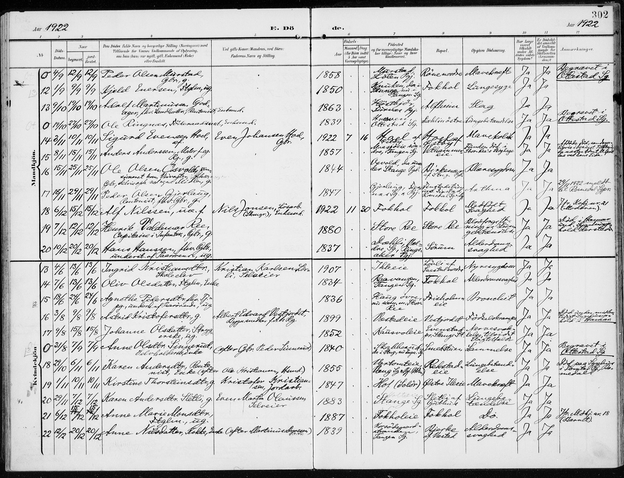 Stange prestekontor, AV/SAH-PREST-002/K/L0024: Parish register (official) no. 24, 1906-1922, p. 302