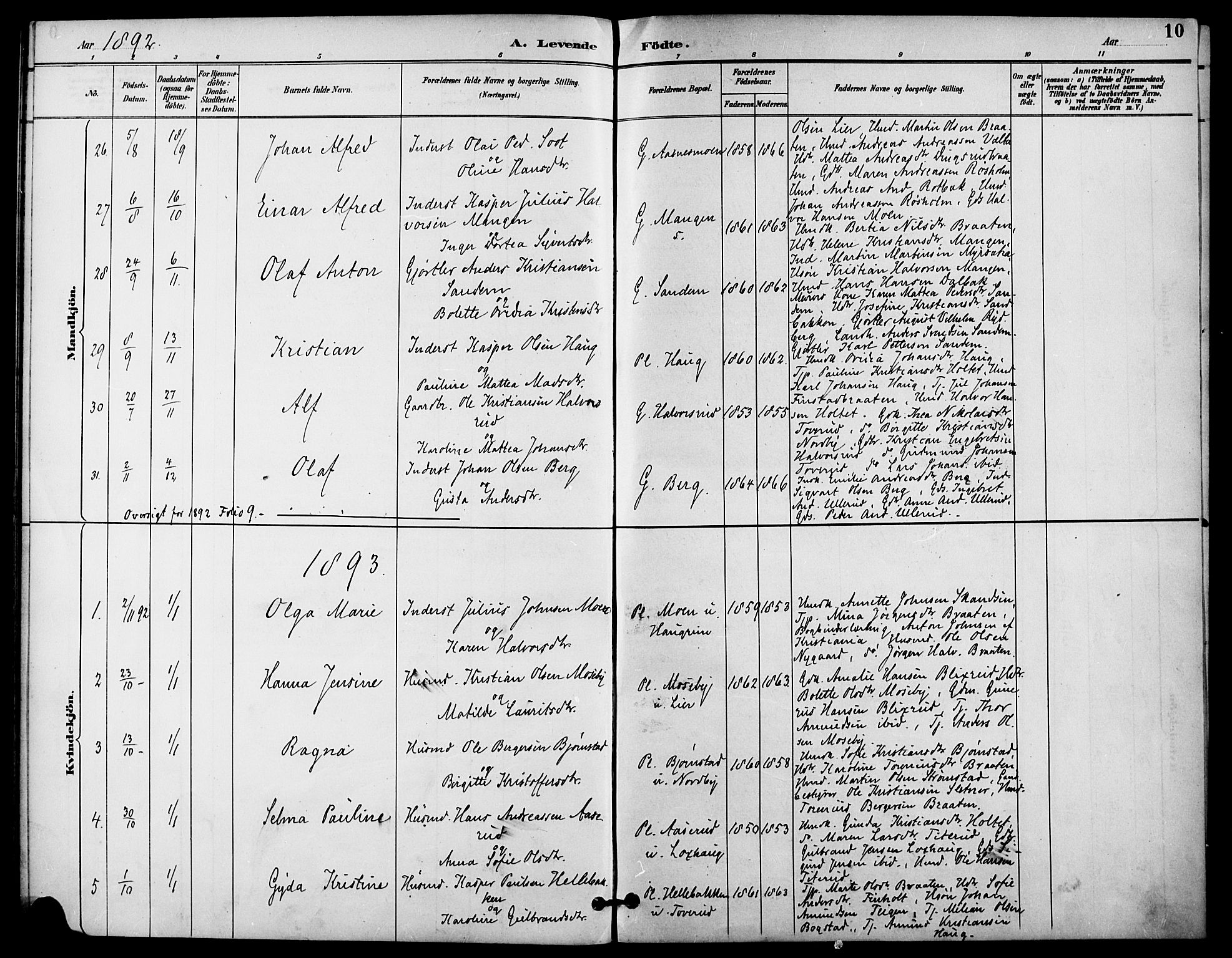 Aurskog prestekontor Kirkebøker, AV/SAO-A-10304a/F/Fa/L0009: Parish register (official) no. I 9, 1891-1898, p. 10