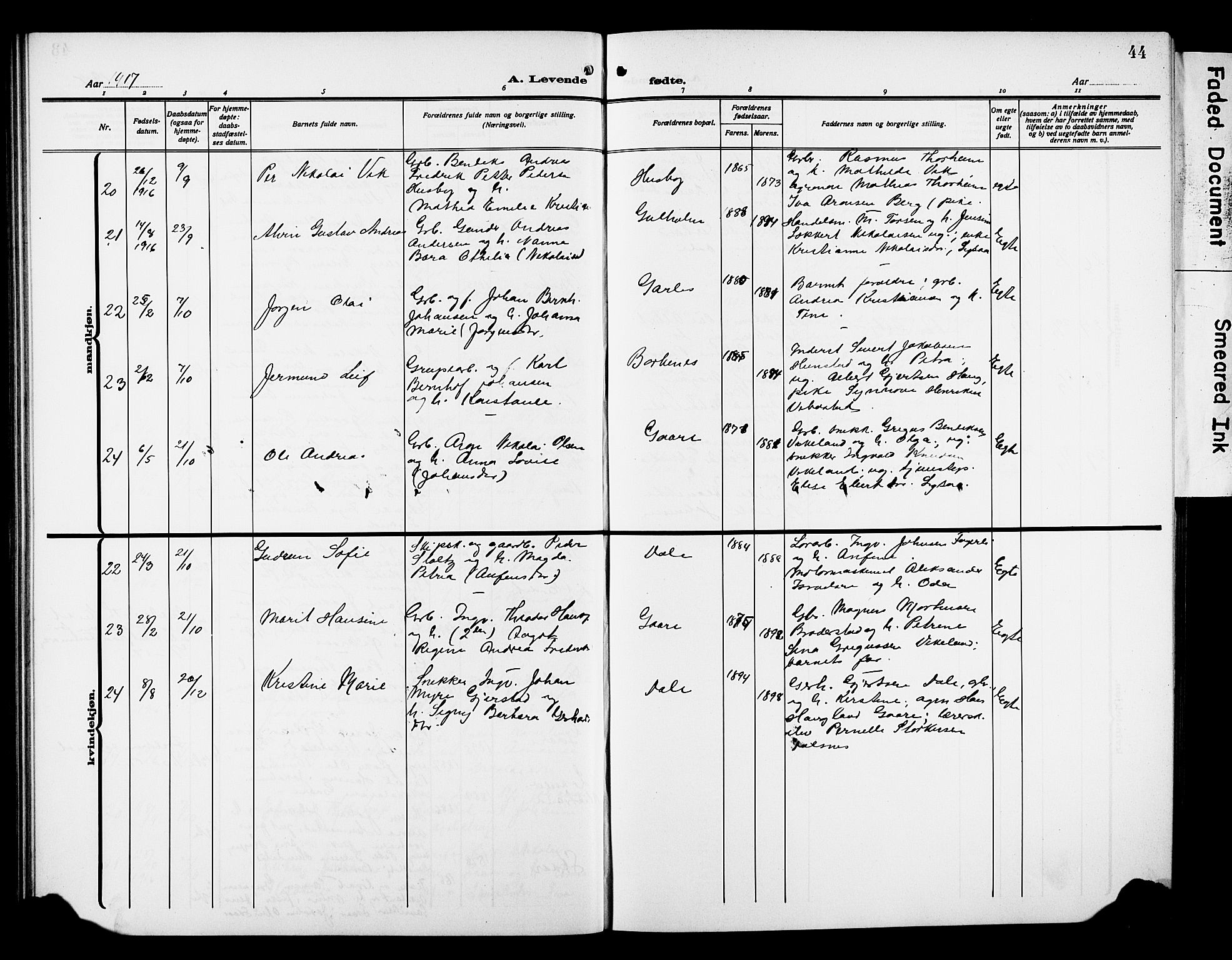 Kvæfjord sokneprestkontor, AV/SATØ-S-1323/G/Ga/Gab/L0006klokker: Parish register (copy) no. 6, 1912-1931, p. 44