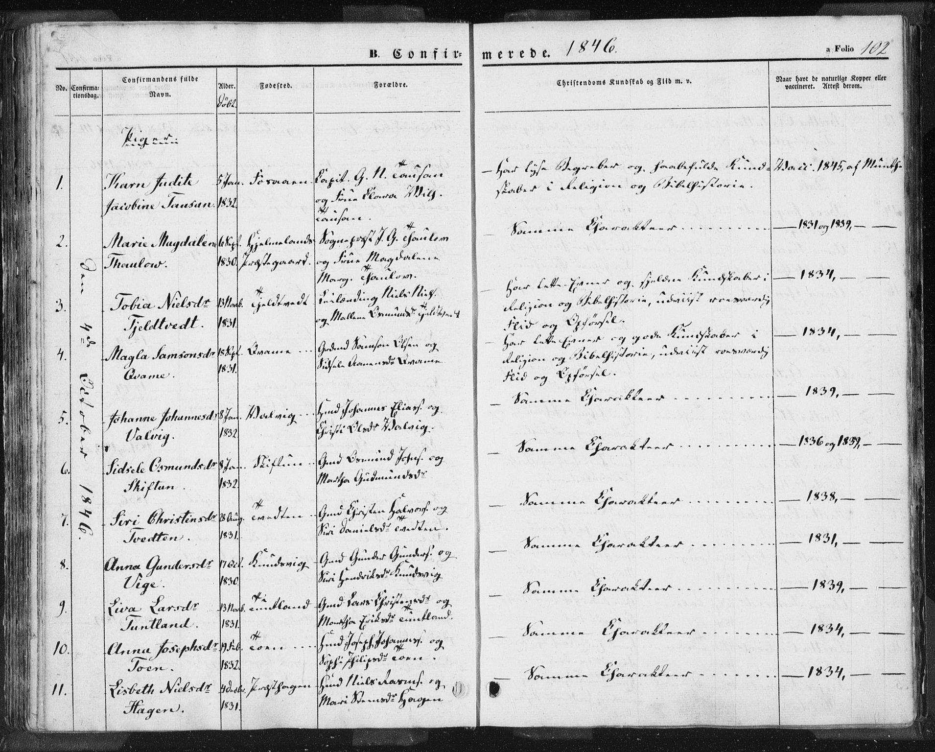 Hjelmeland sokneprestkontor, AV/SAST-A-101843/01/IV/L0009: Parish register (official) no. A 9, 1846-1860, p. 102