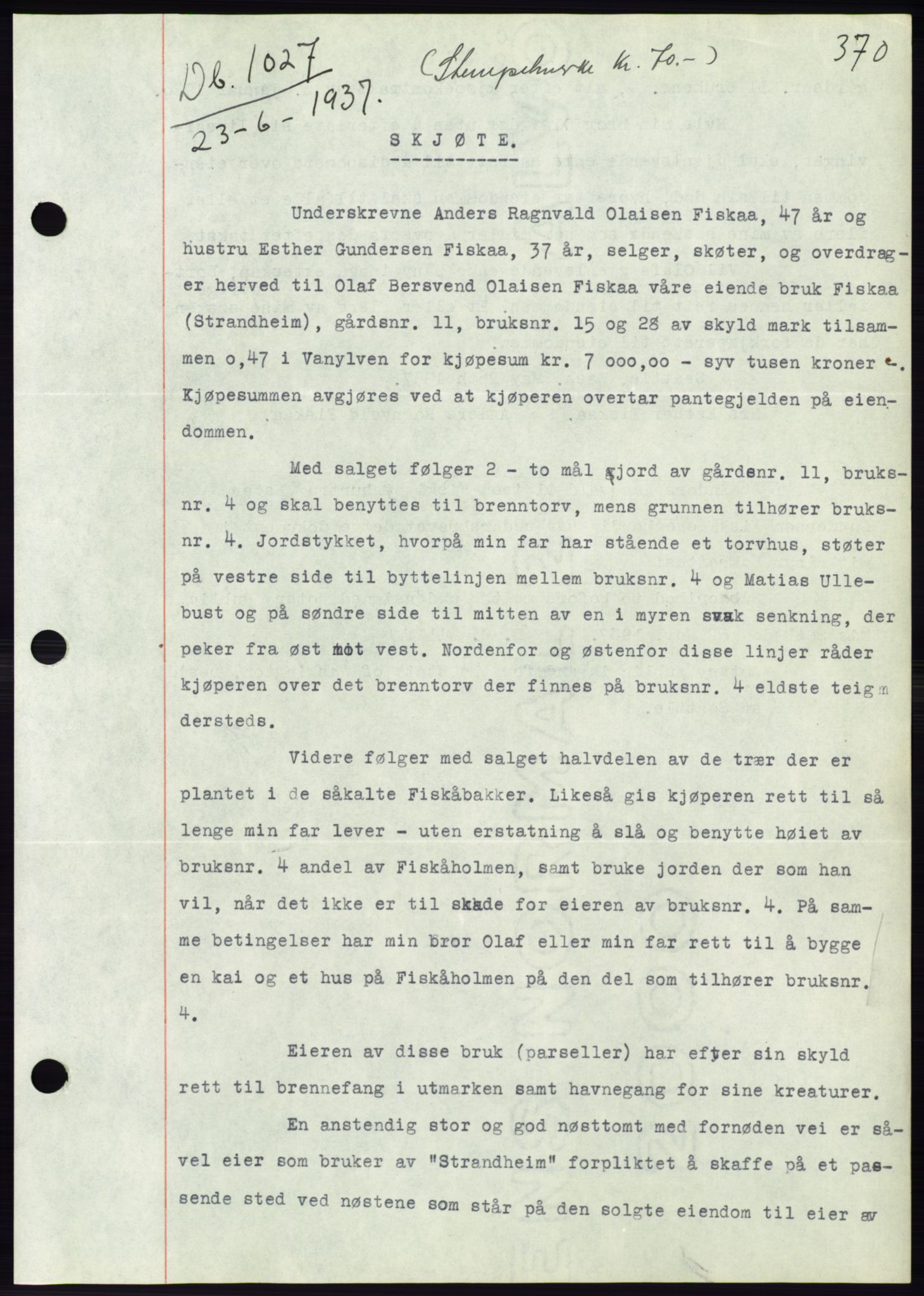 Søre Sunnmøre sorenskriveri, AV/SAT-A-4122/1/2/2C/L0063: Mortgage book no. 57, 1937-1937, Diary no: : 1027/1937