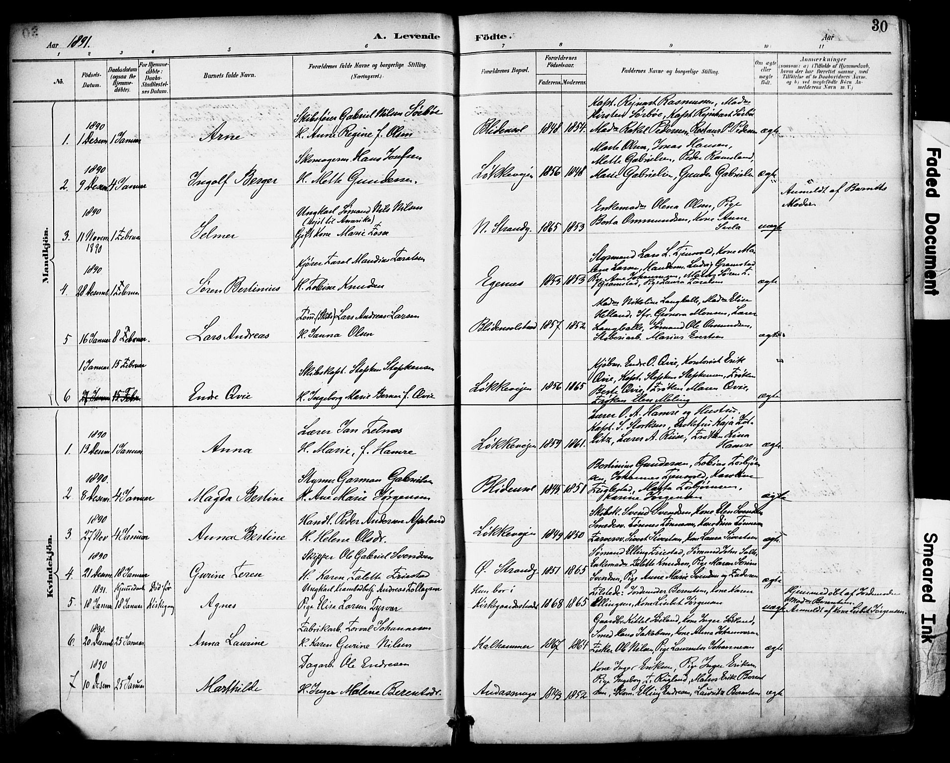 Domkirken sokneprestkontor, SAST/A-101812/001/30/30BA/L0030: Parish register (official) no. A 29, 1889-1902, p. 30