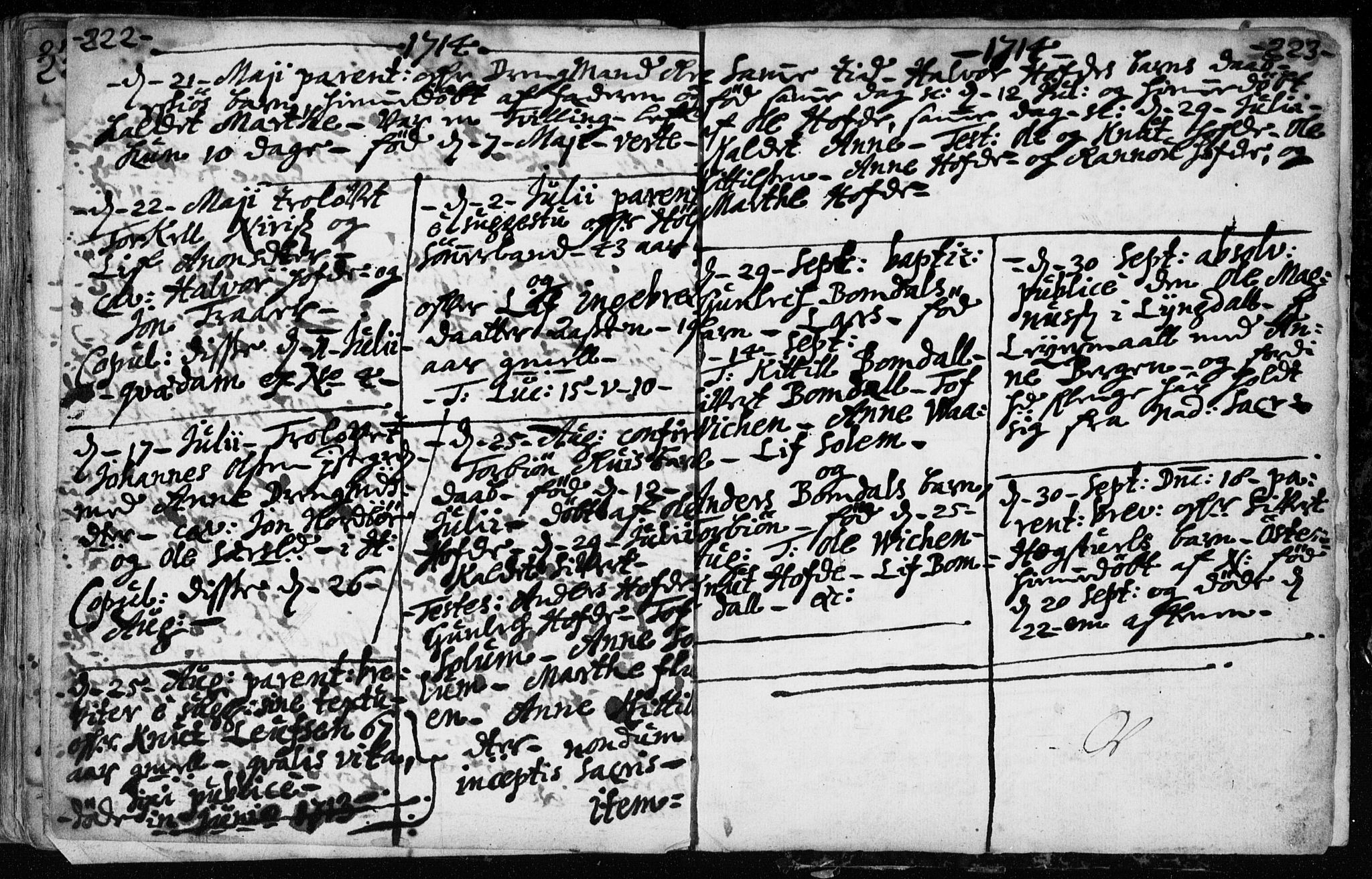 Hjartdal kirkebøker, AV/SAKO-A-270/F/Fa/L0001: Parish register (official) no. I 1, 1685-1714, p. 222-223