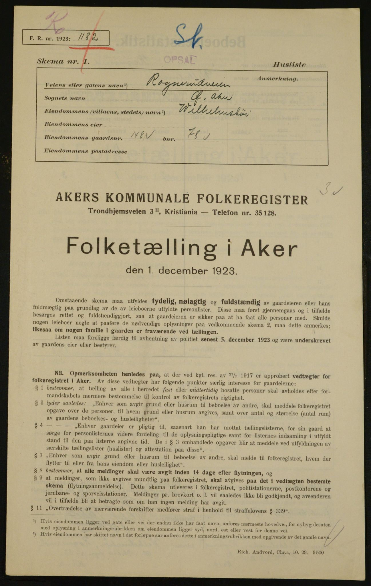 , Municipal Census 1923 for Aker, 1923, p. 29922