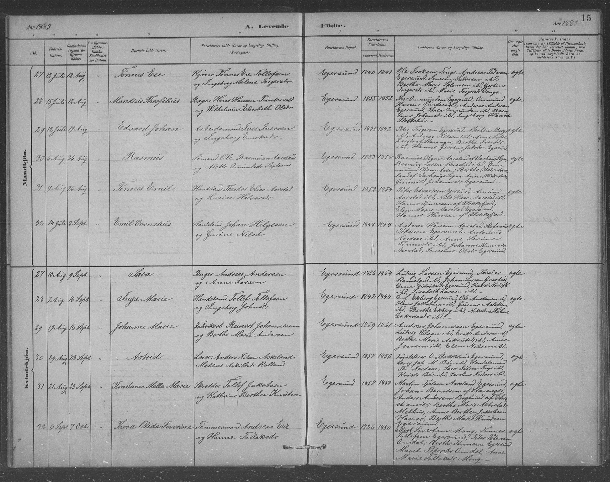 Eigersund sokneprestkontor, AV/SAST-A-101807/S09/L0008: Parish register (copy) no. B 8, 1882-1892, p. 15