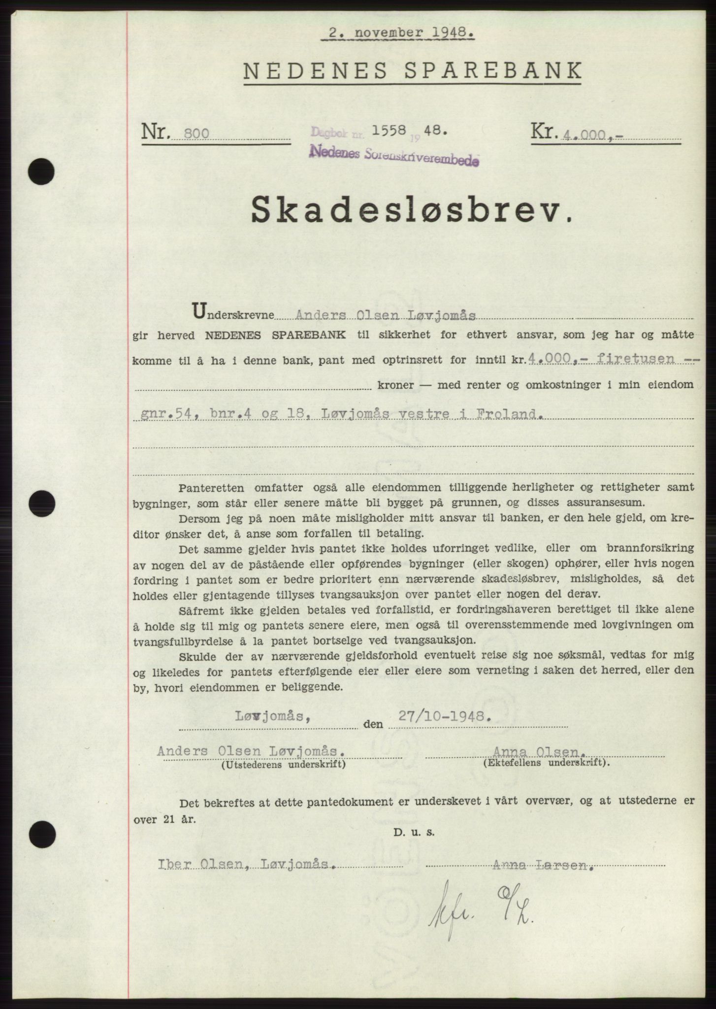 Nedenes sorenskriveri, AV/SAK-1221-0006/G/Gb/Gbb/L0005: Mortgage book no. B5, 1948-1948, Diary no: : 1558/1948