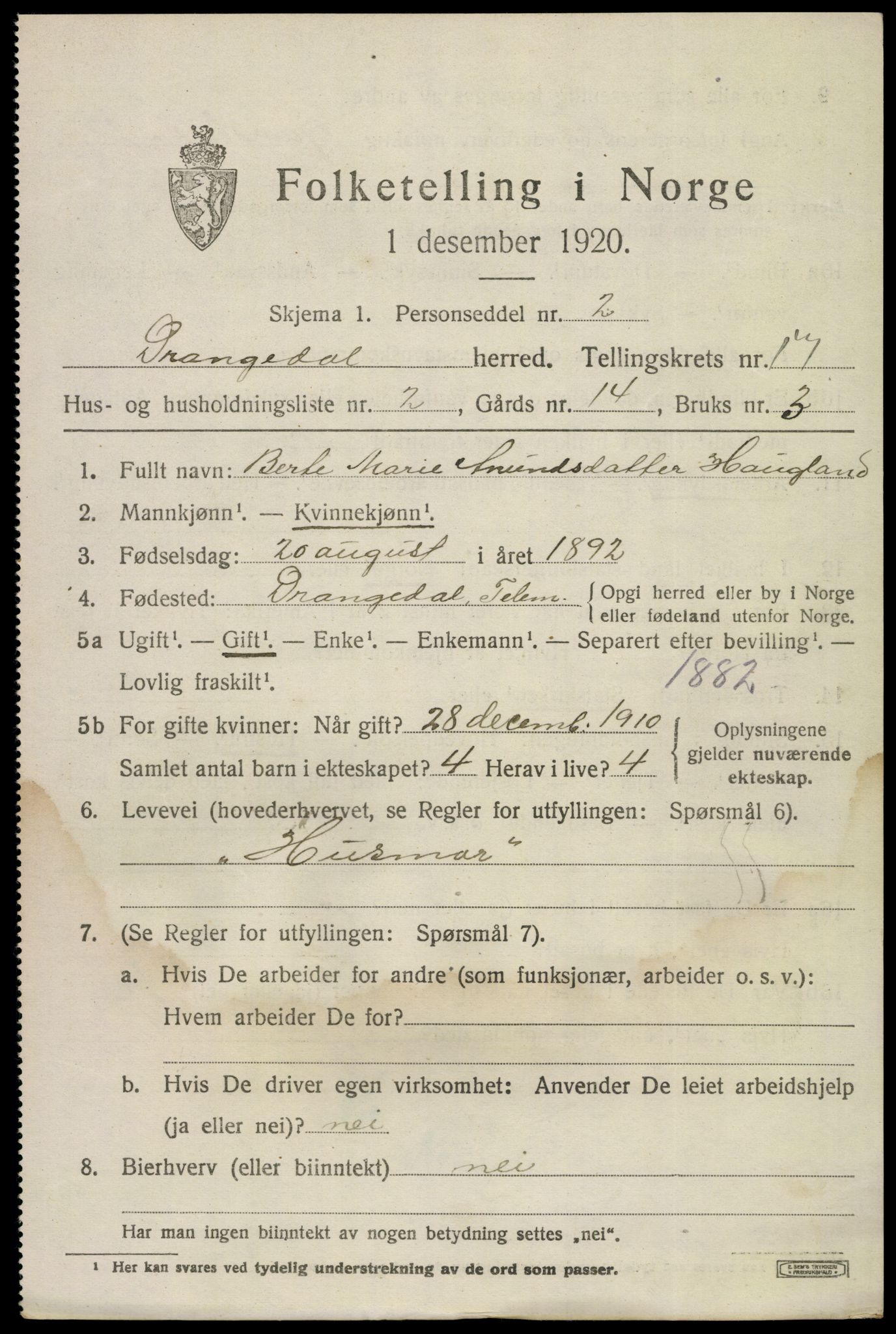 SAKO, 1920 census for Drangedal, 1920, p. 7975