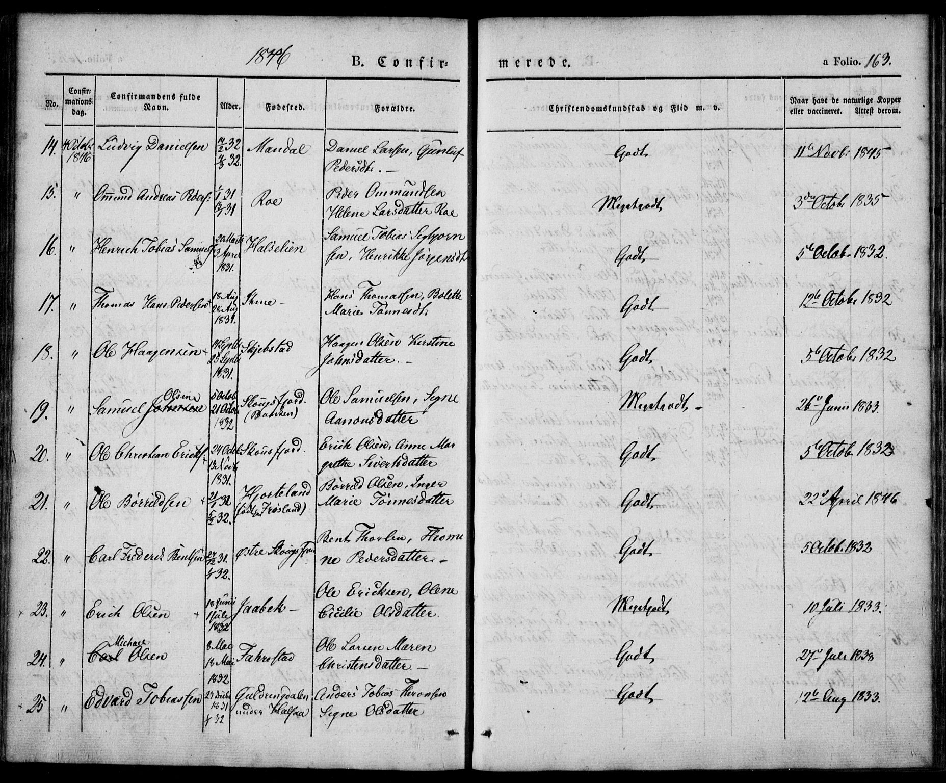 Mandal sokneprestkontor, AV/SAK-1111-0030/F/Fa/Faa/L0012: Parish register (official) no. A 12, 1840-1847, p. 163