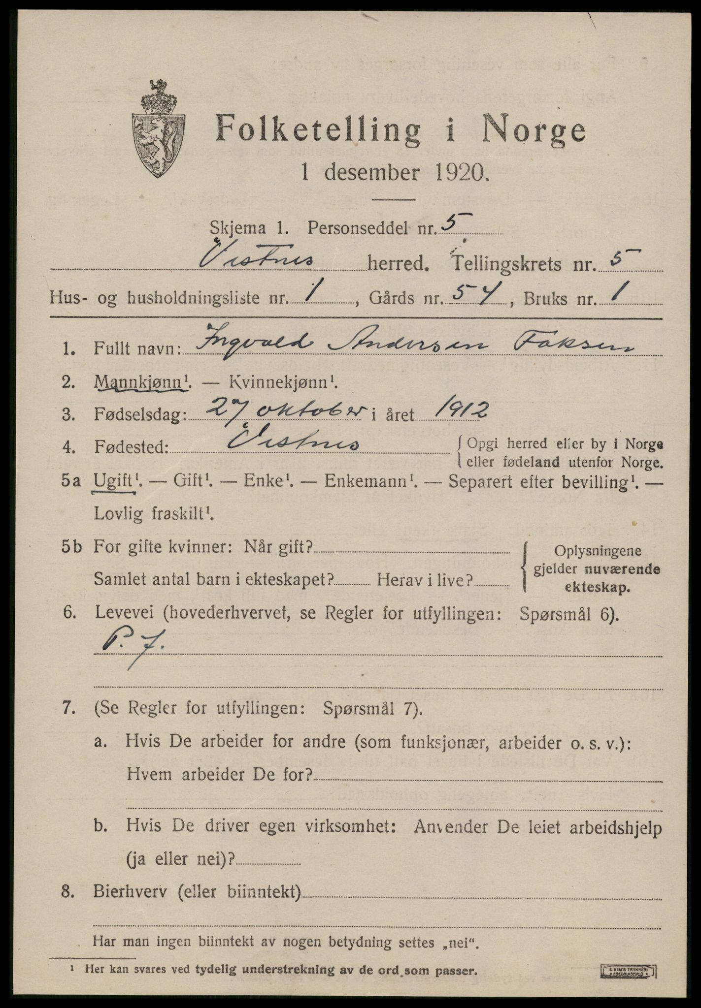 SAT, 1920 census for Vestnes, 1920, p. 3937