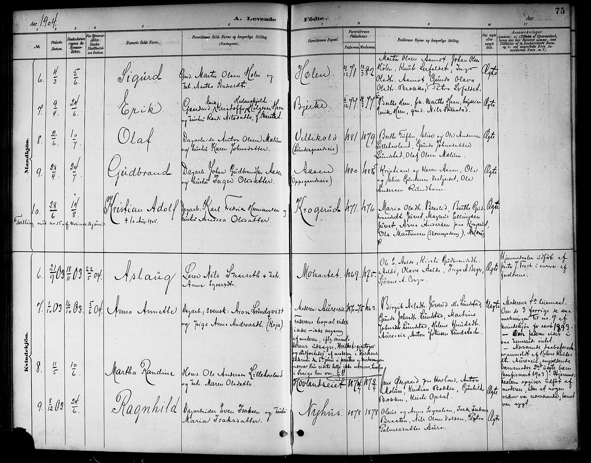Lunder kirkebøker, AV/SAKO-A-629/G/Ga/L0004: Parish register (copy) no. I 4, 1889-1917, p. 75