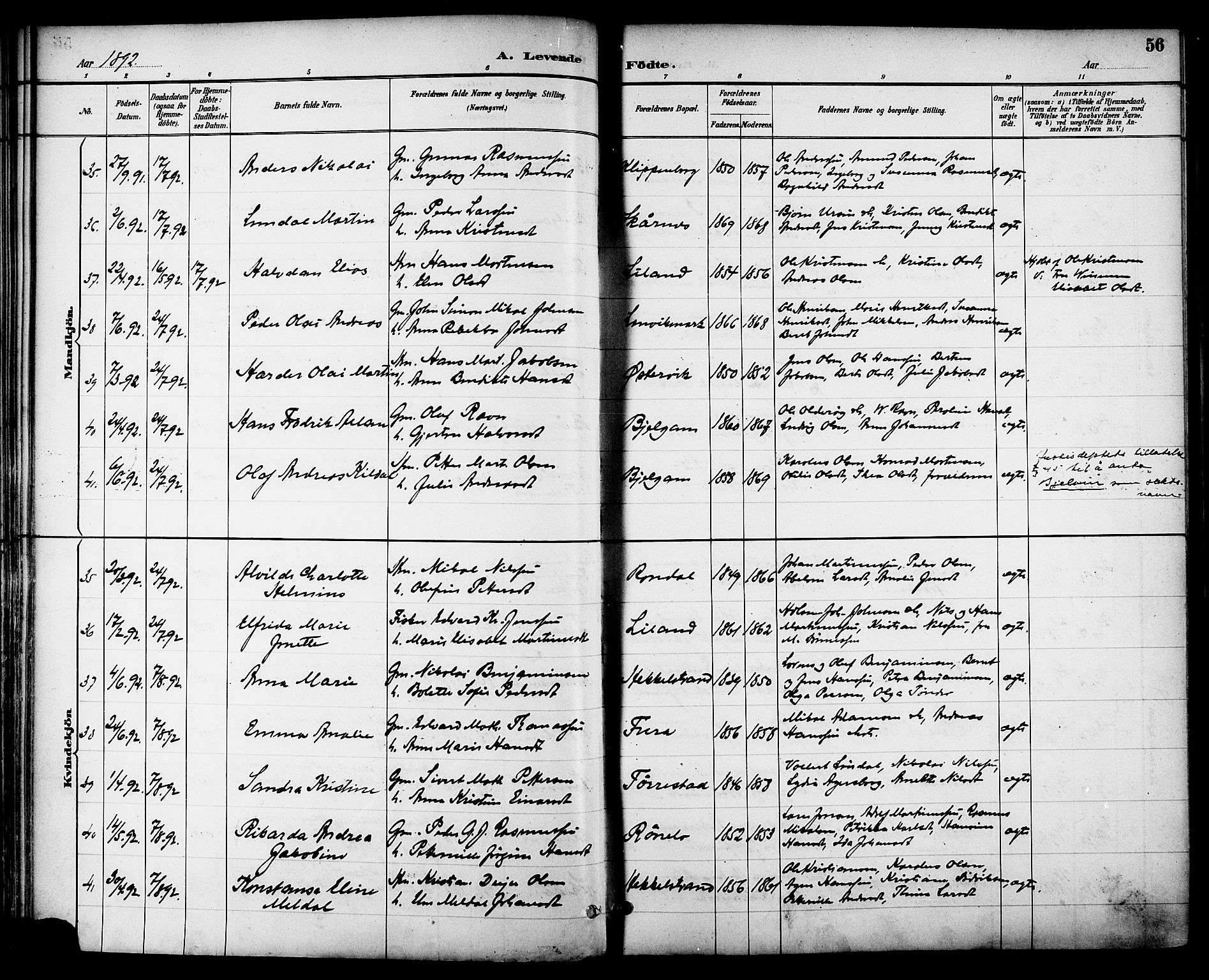 Ministerialprotokoller, klokkerbøker og fødselsregistre - Nordland, AV/SAT-A-1459/863/L0898: Parish register (official) no. 863A10, 1886-1897, p. 56