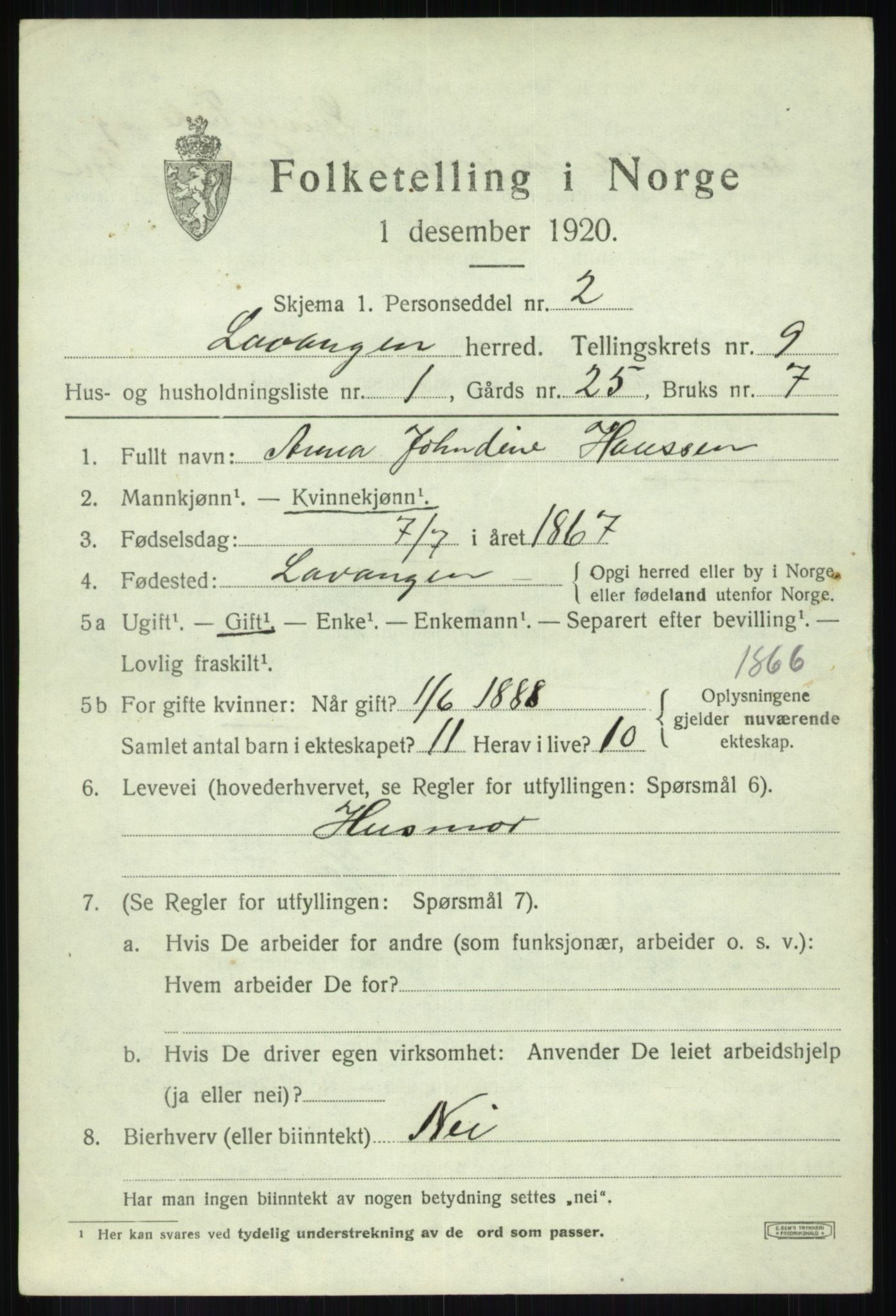 SATØ, 1920 census for Lavangen, 1920, p. 3389