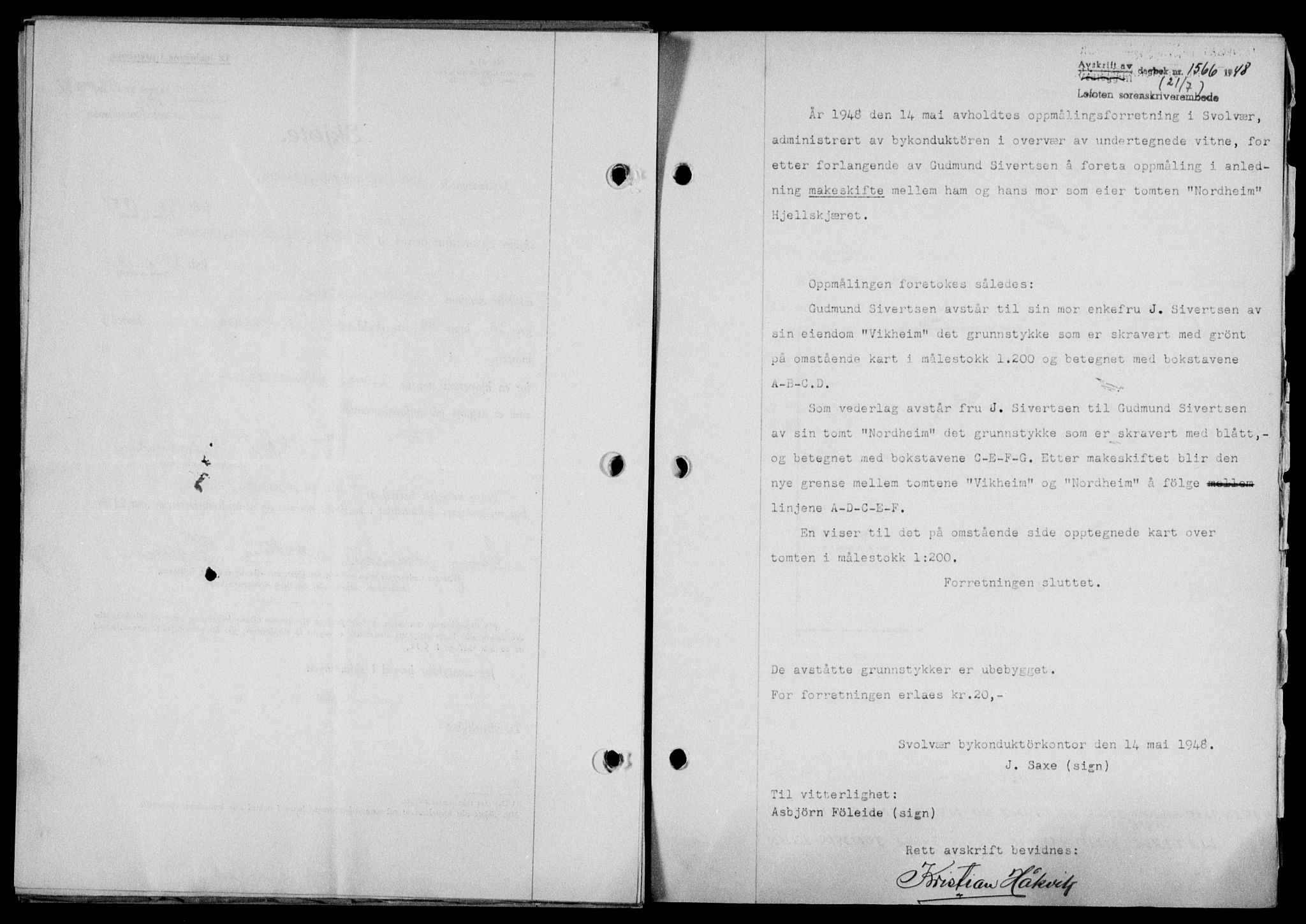 Lofoten sorenskriveri, SAT/A-0017/1/2/2C/L0018a: Mortgage book no. 18a, 1948-1948, Diary no: : 1566/1948