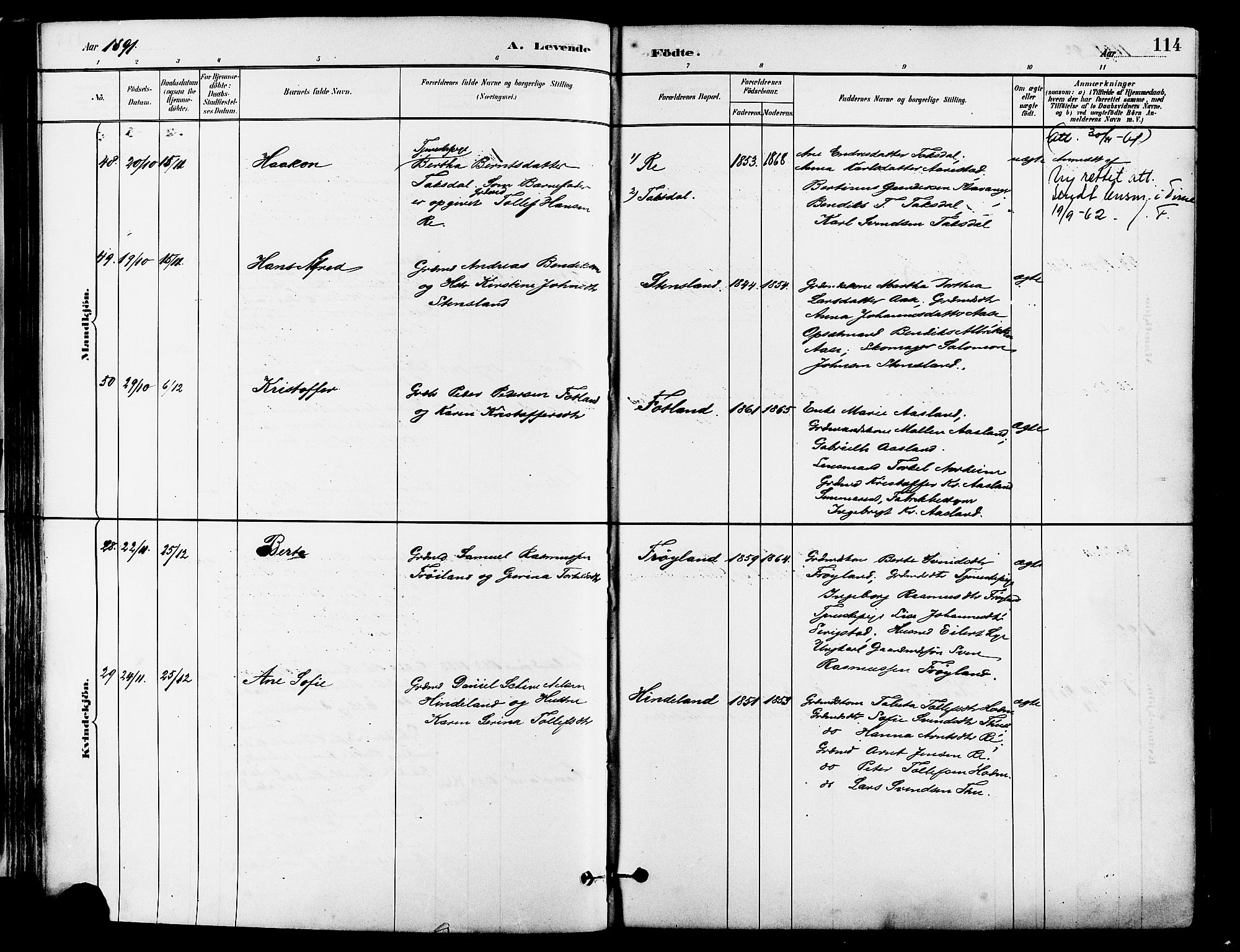 Lye sokneprestkontor, AV/SAST-A-101794/001/30BA/L0009: Parish register (official) no. A 8, 1881-1892, p. 114