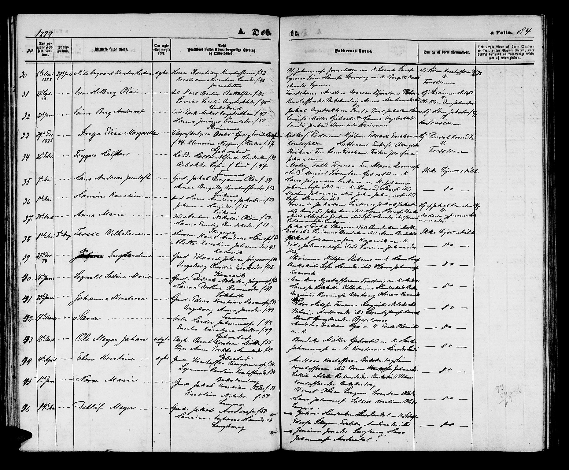 Lenvik sokneprestembete, SATØ/S-1310/H/Ha/Hab/L0005klokker: Parish register (copy) no. 5, 1870-1880, p. 84